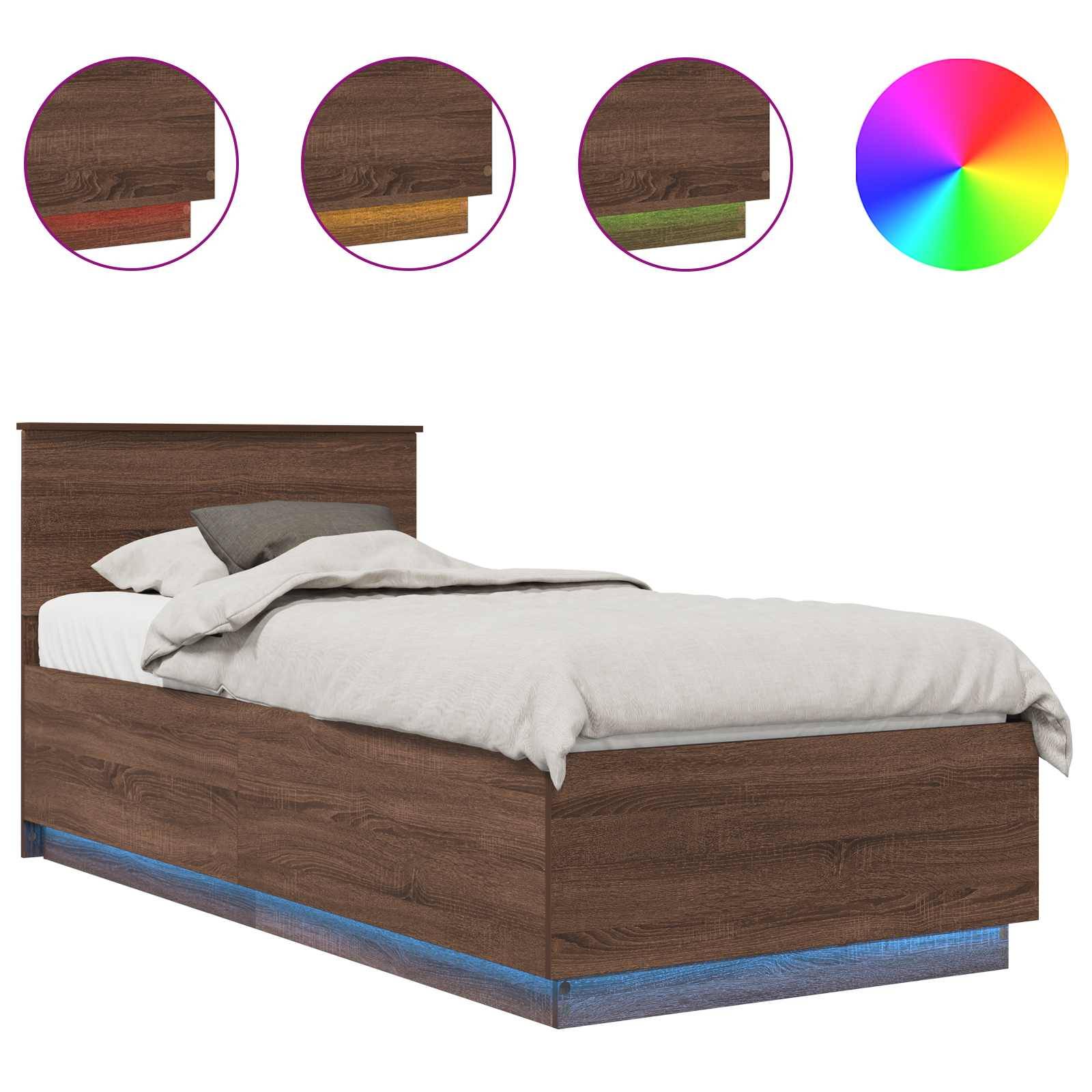 Holzbett mit weißer Bettwäsche, ausgestattet mit einem LED-Streifen darunter, der die Farbe wechselt. Umfasst vier Farboptionen und ein Farbrad.