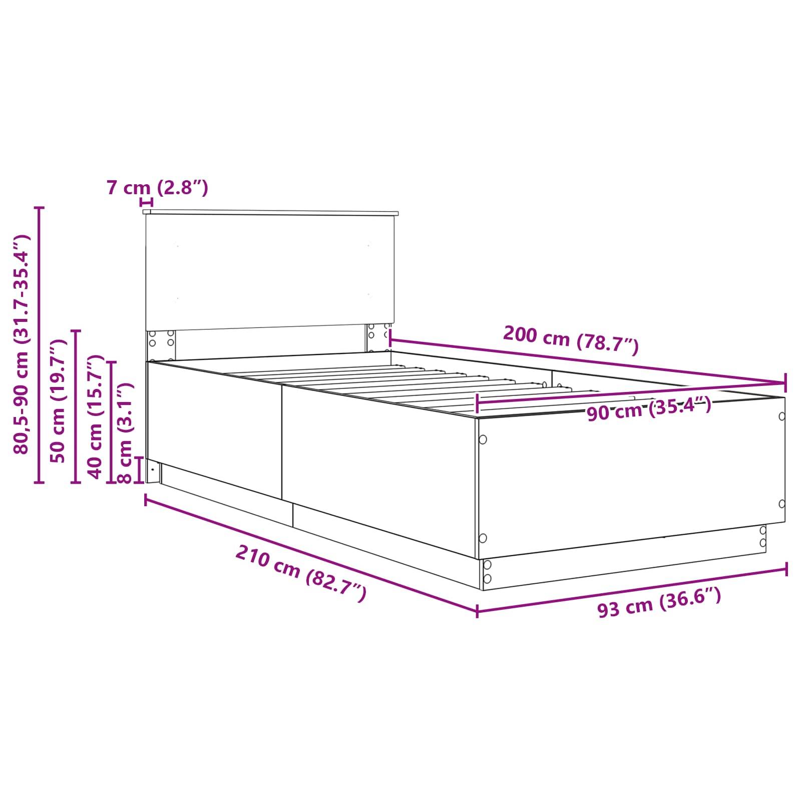 Abmessungen eines Bettgestells: 210 cm Länge, 200 cm Breite, 90 cm Höhe. Kopfteilhöhe: 80,5-90 cm; Bodenfreiheit: 7 cm.