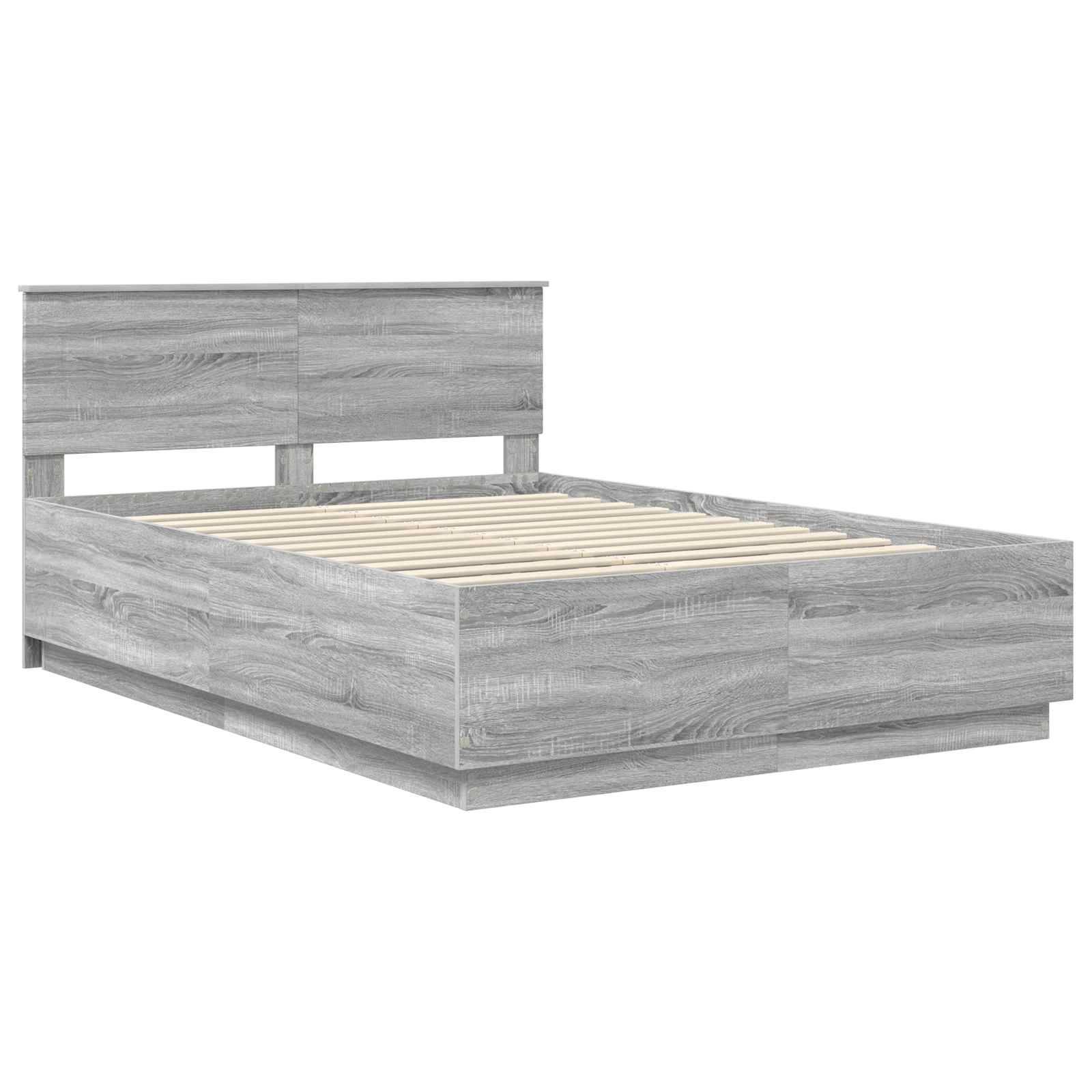 Ein Holzbettgestell mit grauer Beschichtung, ausgestattet mit einer Lattenbasis und einem rechteckigen Kopfteil. Das Bett wird ohne Matratze gezeigt.