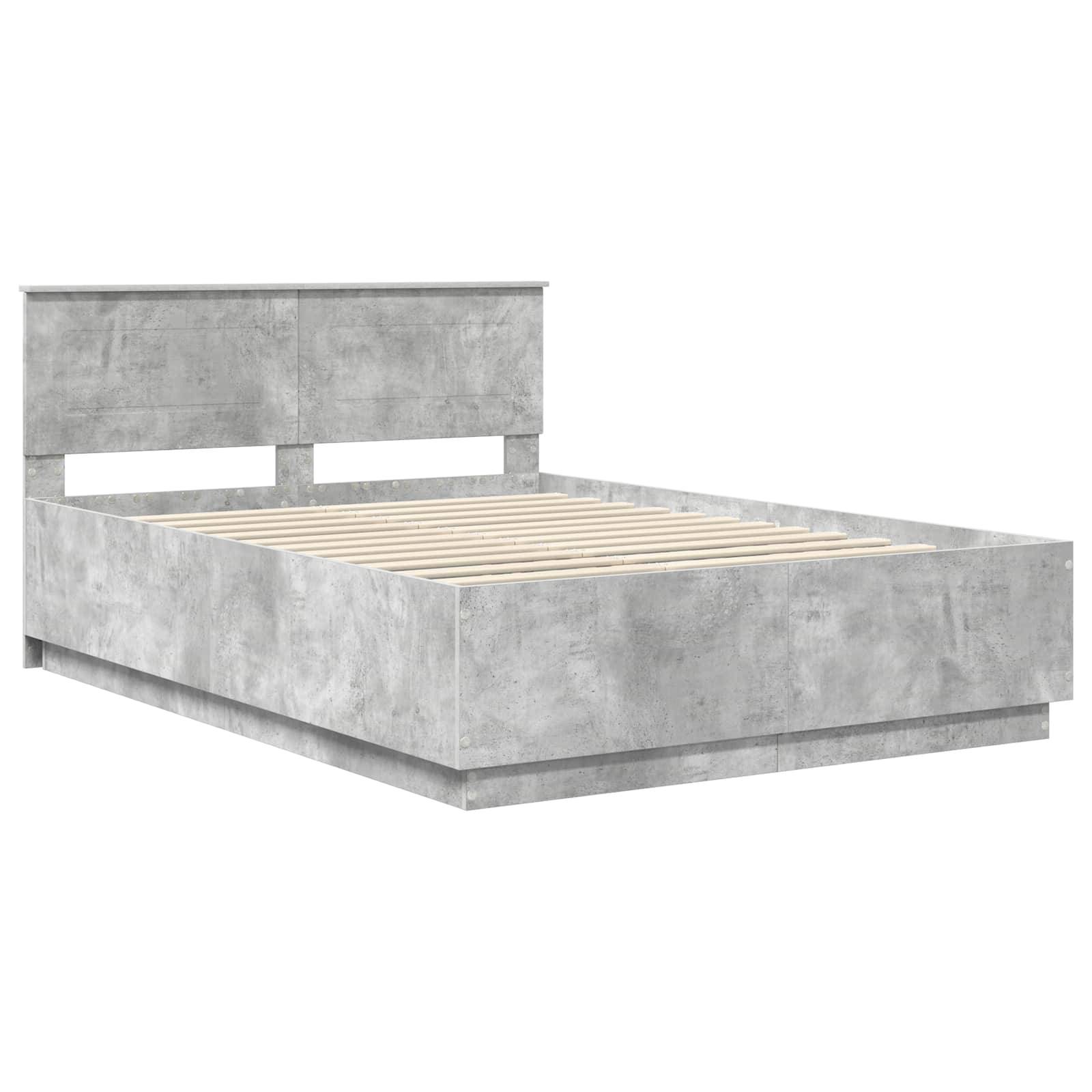 Ein moderner, grauer Bettrahmen mit hohem Kopfteil und Holzlatten, konzipiert für eine minimalistische Schlafzimmereinrichtung.