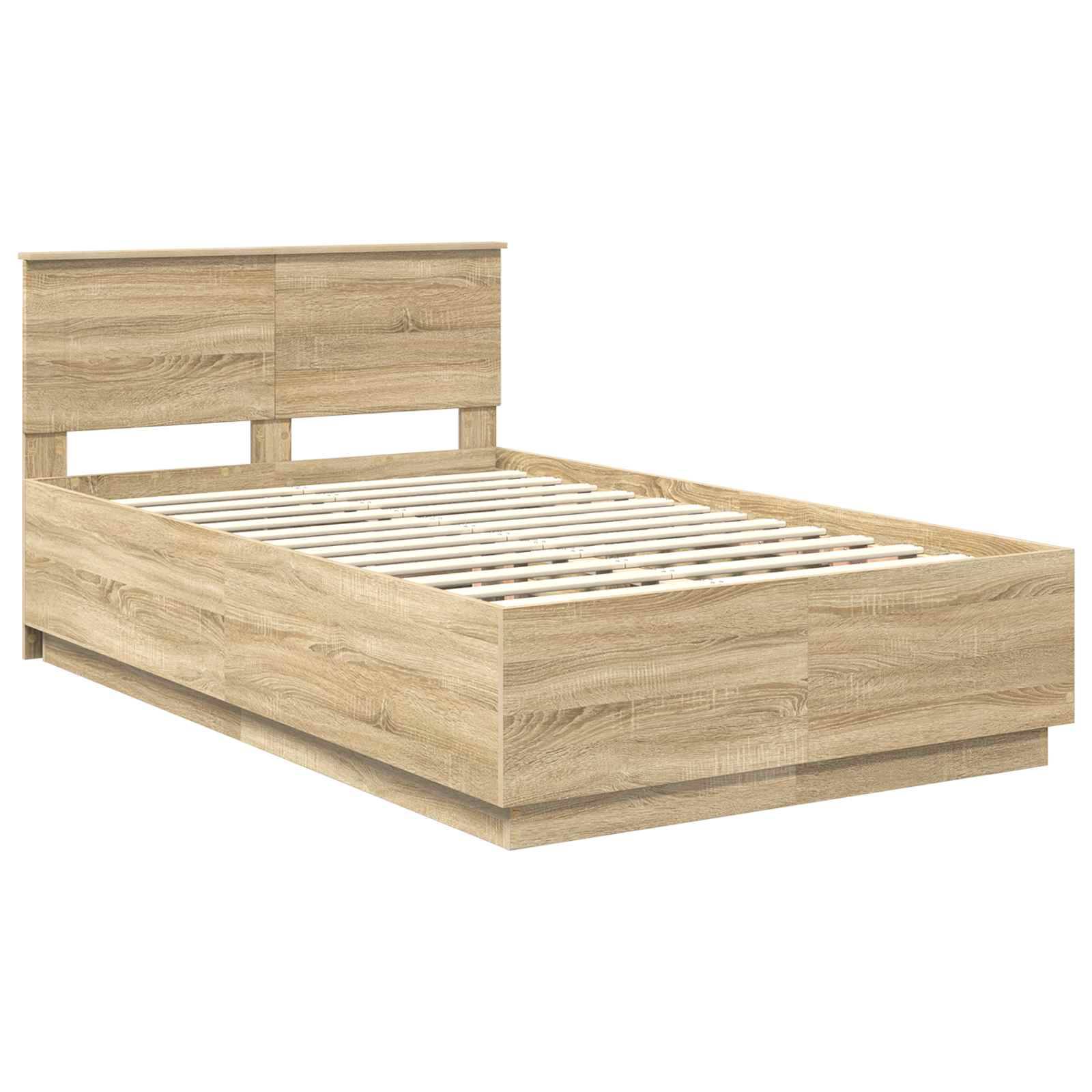 Holzbettrahmens mit Lattenrost und Kopfteil, in einer hellen Eichenoberfläche. Geeignet für eine moderne Schlafzimmereinrichtung.