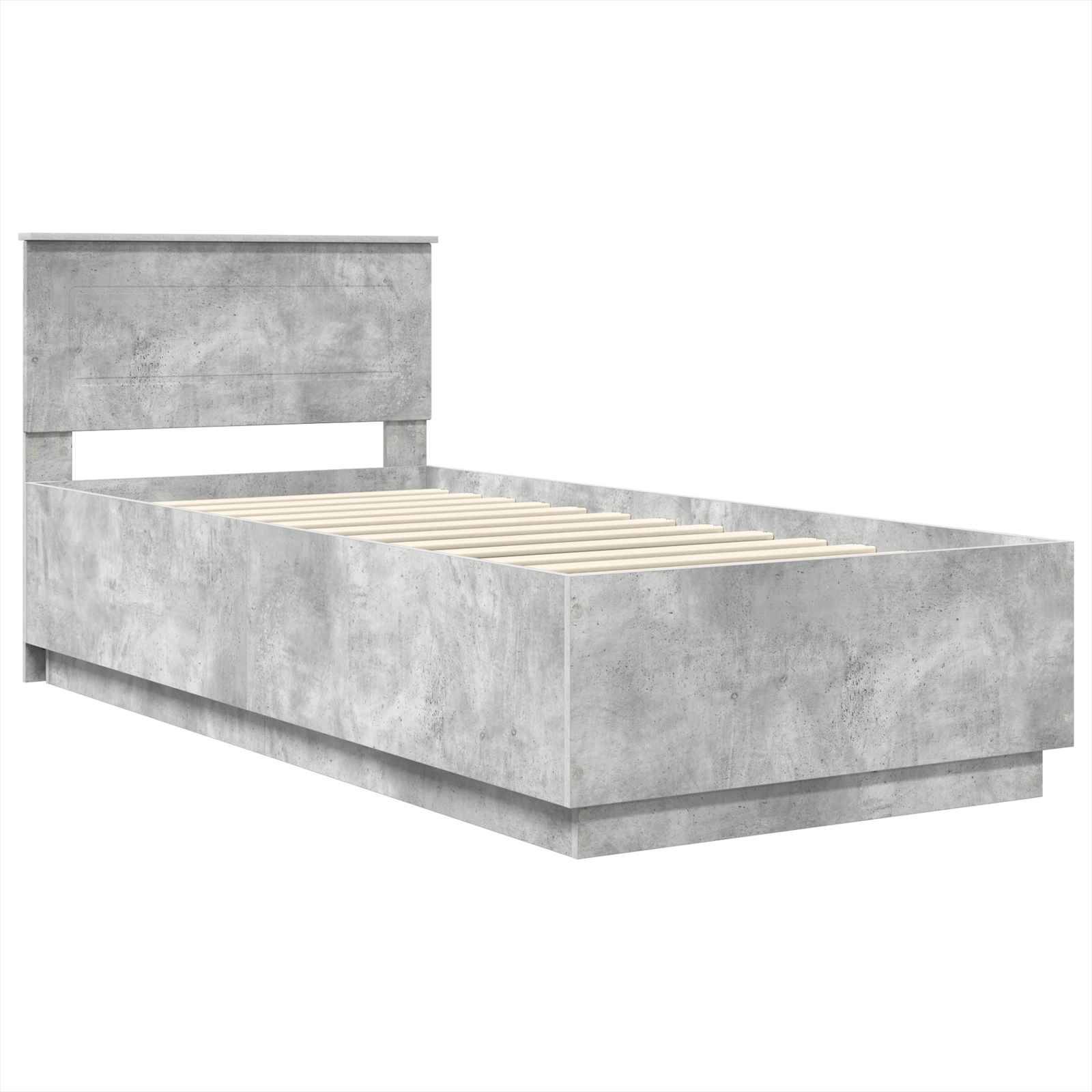 Ein grauer, minimalistischer Bettrahmen mit rechteckigem Kopfteil und Holzlatten-Unterboden, der ein strukturiertes Betondesign aufweist.