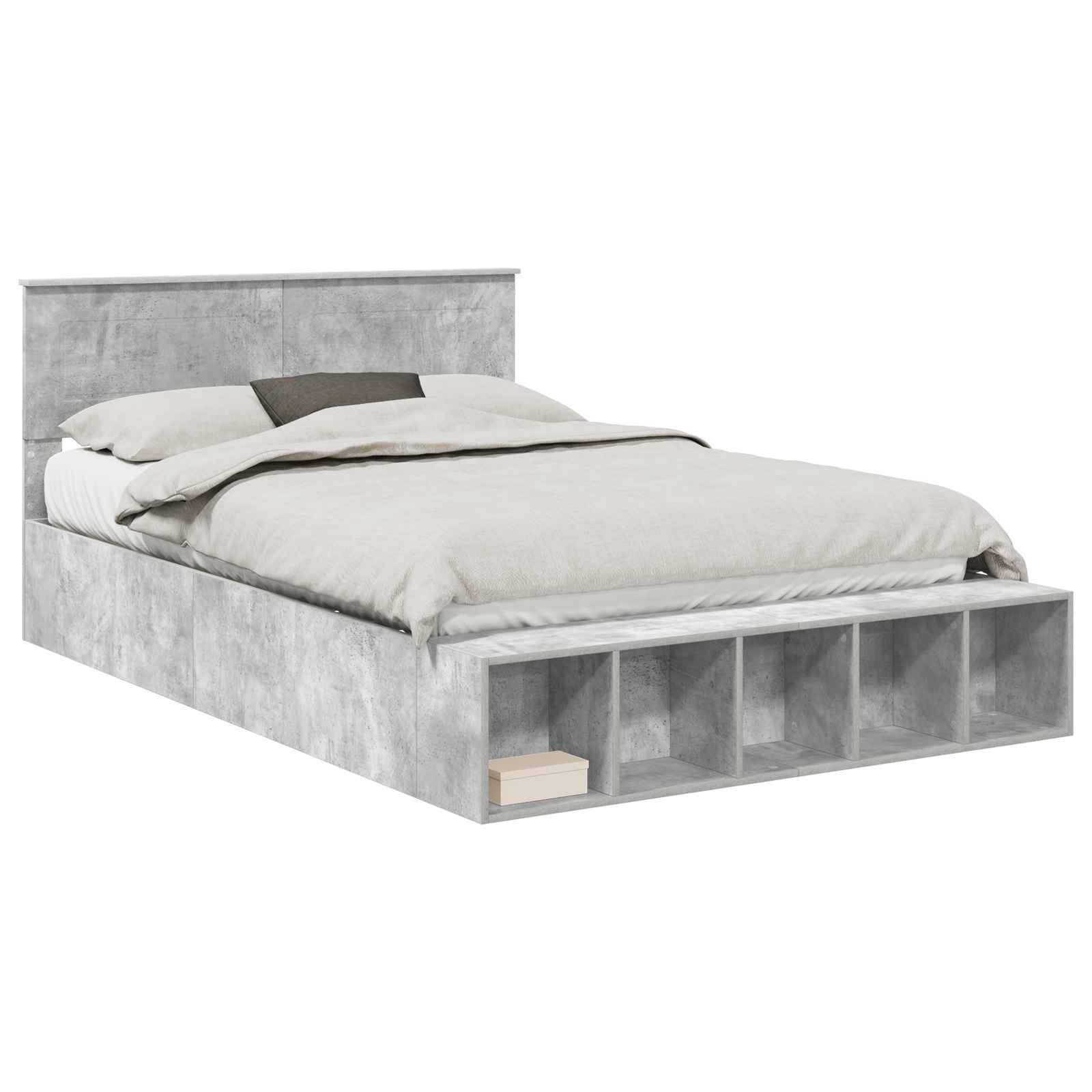 Ein modernes graues Bett mit einem integrierten Stauraum-Kopfteil und Fußteil-Fächern, ausgestattet mit weißer Bettwäsche und zwei Kissen.
