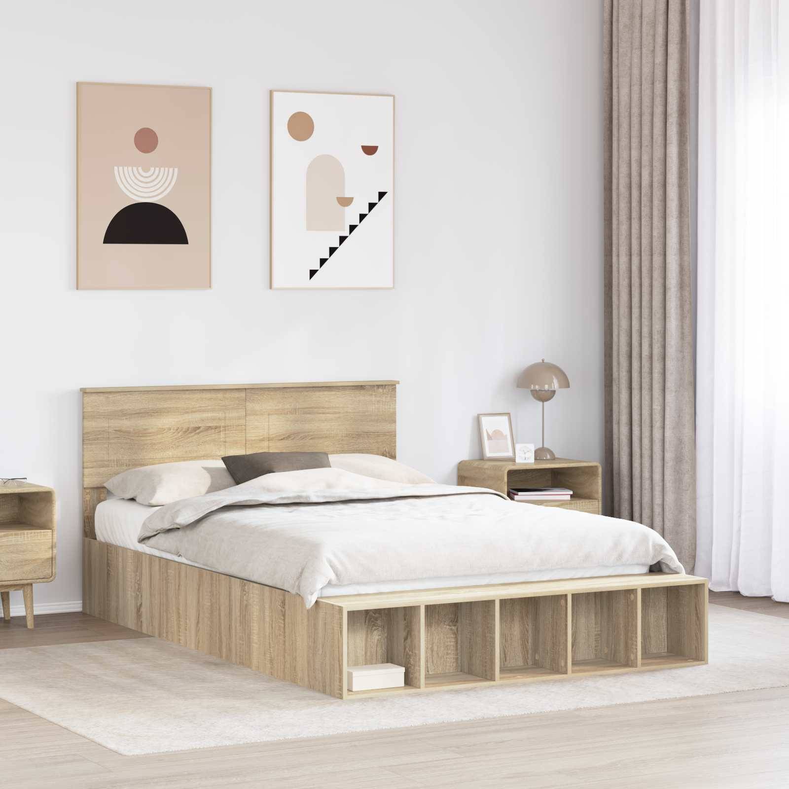 Ein modernes Schlafzimmer zeigt ein Holzbett mit integriertem Stauraum, passende Nachttische, abstrakte Kunst an der Wand und eine Tischlampe.