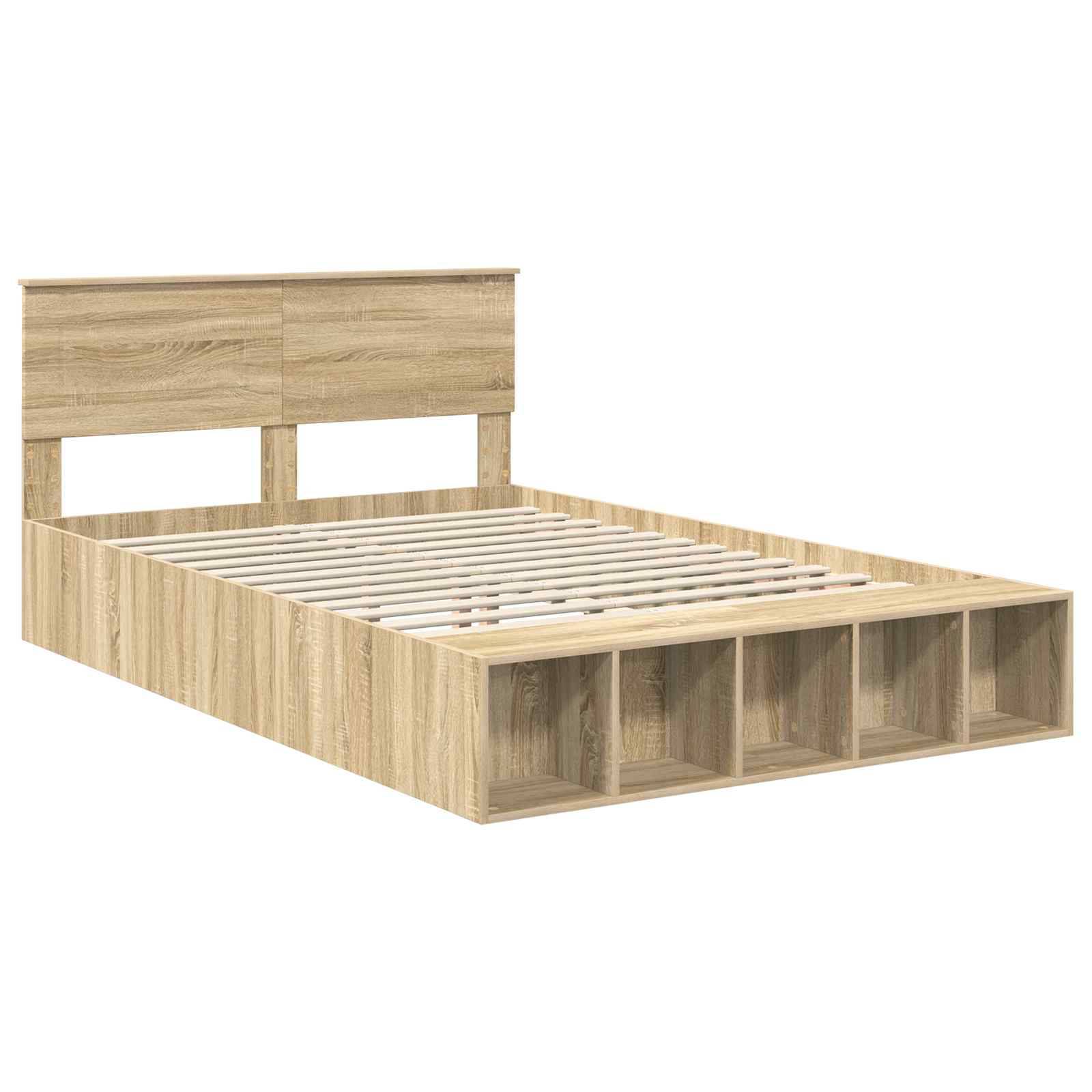 Holzbettgestell mit Lattenrost, ausgestattet mit Stauraummöglichkeiten am Fußende und einem schlichten Kopfteil. Ohne Matratze.