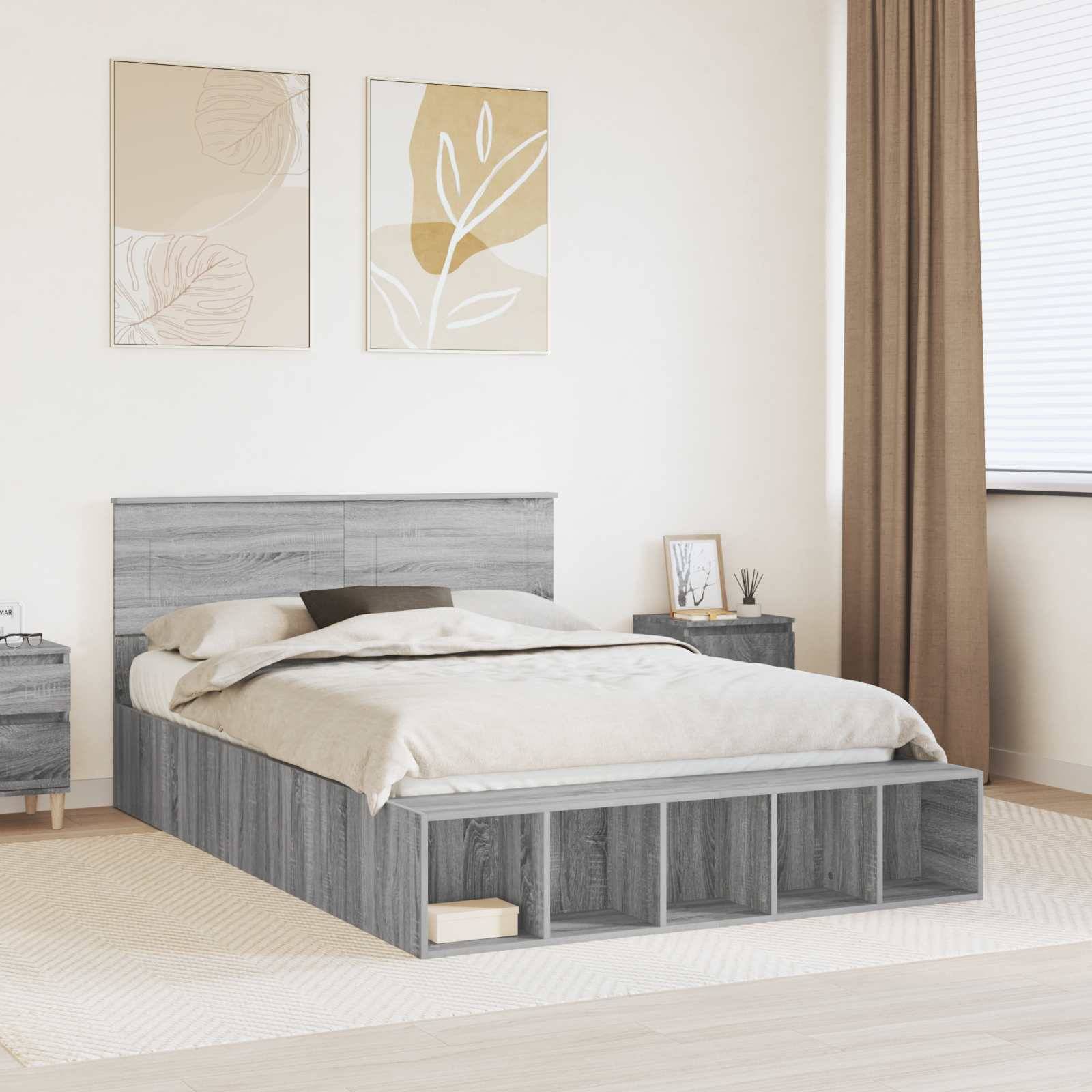 vidaXL Bettrahmen mit Regal Graues Sonoma 150 x 200 cm Holzwerkstoff