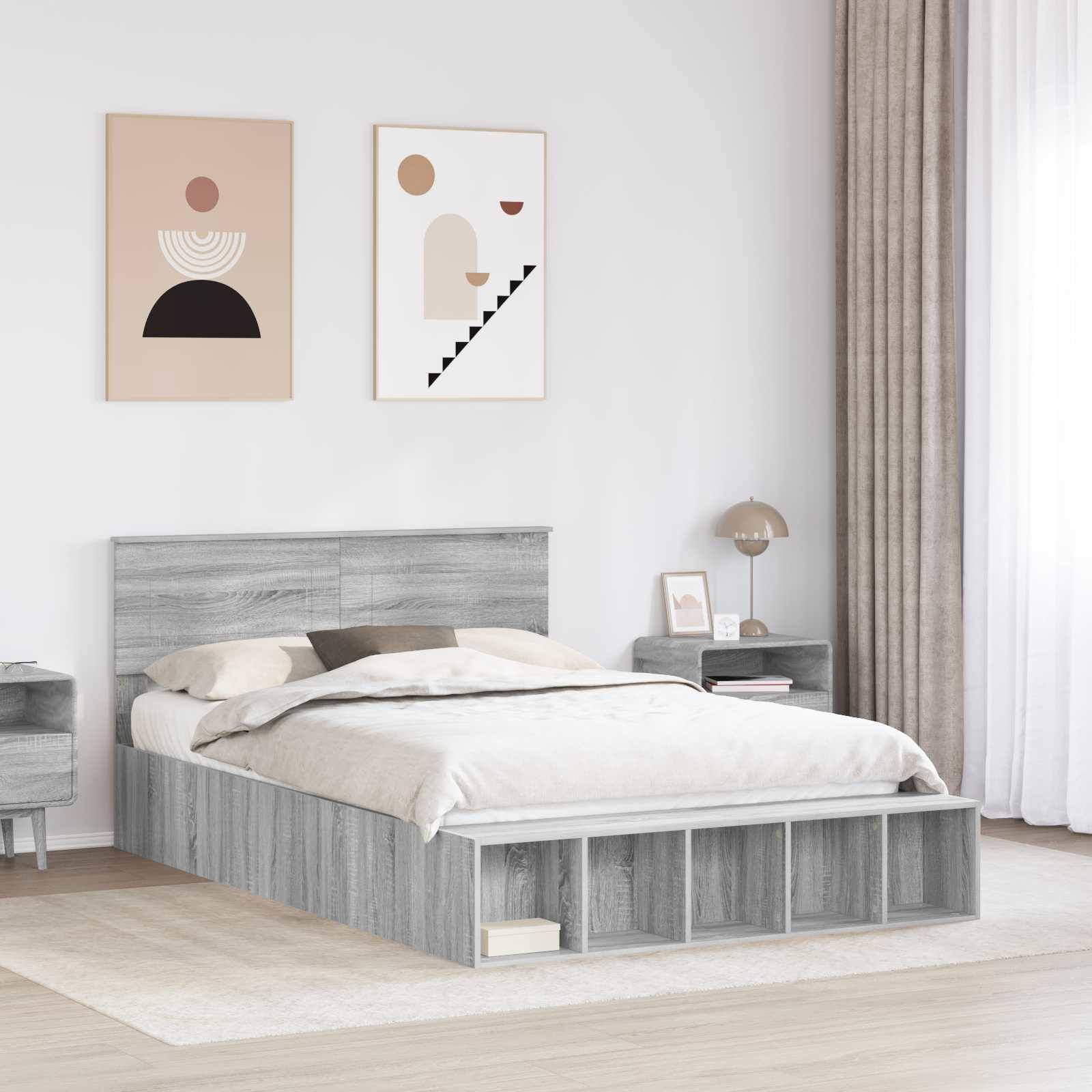 Ein modernes Schlafzimmer mit einem Bett aus grauem Holz, beige Bettwäsche und zwei abstrakten Kunstwerken an der Wand. Ein Nachttisch mit einer Lampe steht in der Nähe.
