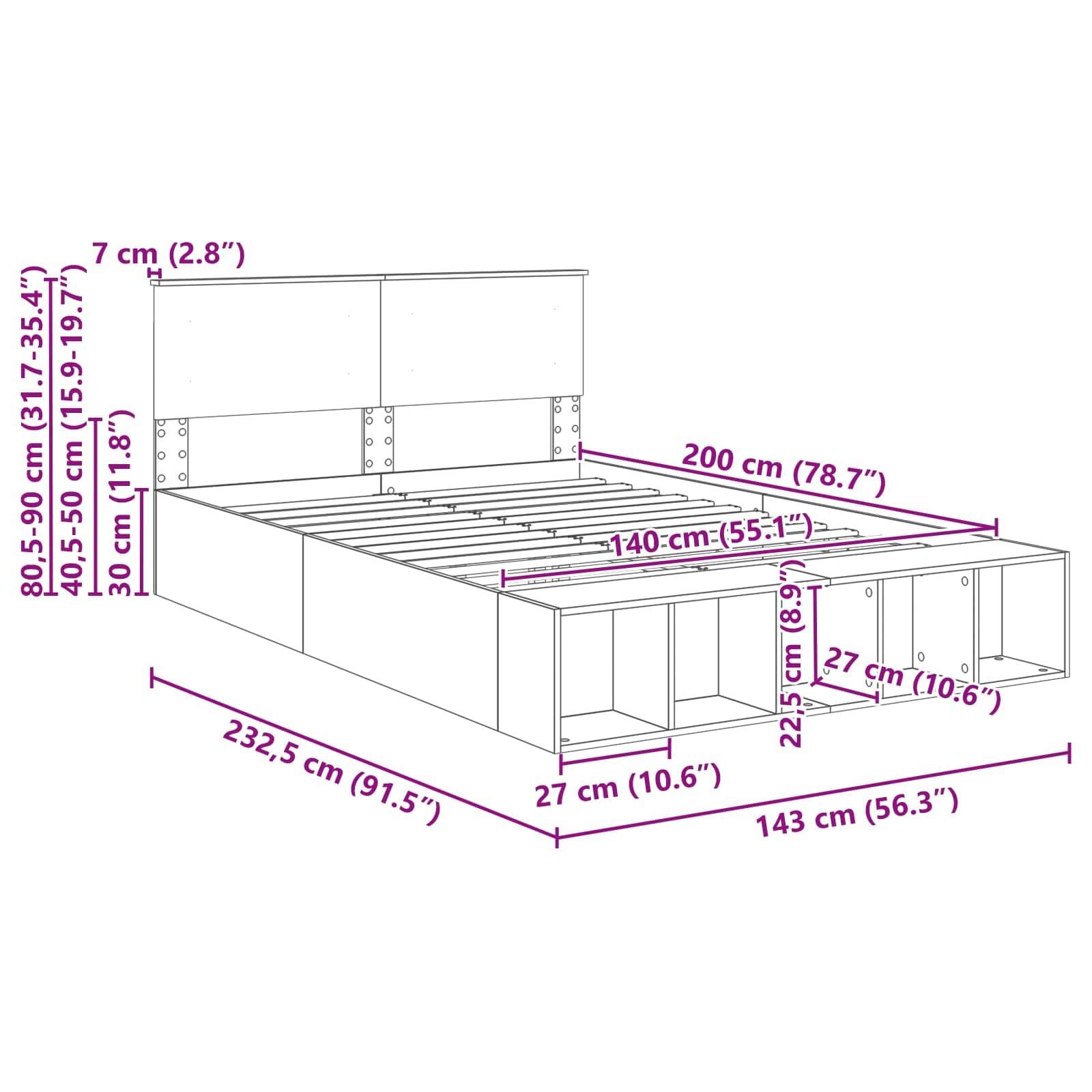 Bettgestell mit Stauraum Abmessungen: Höhe 80,5-90 cm, Breite 232,5 cm, Länge 200 cm. Inklusive Regale am Fußende.