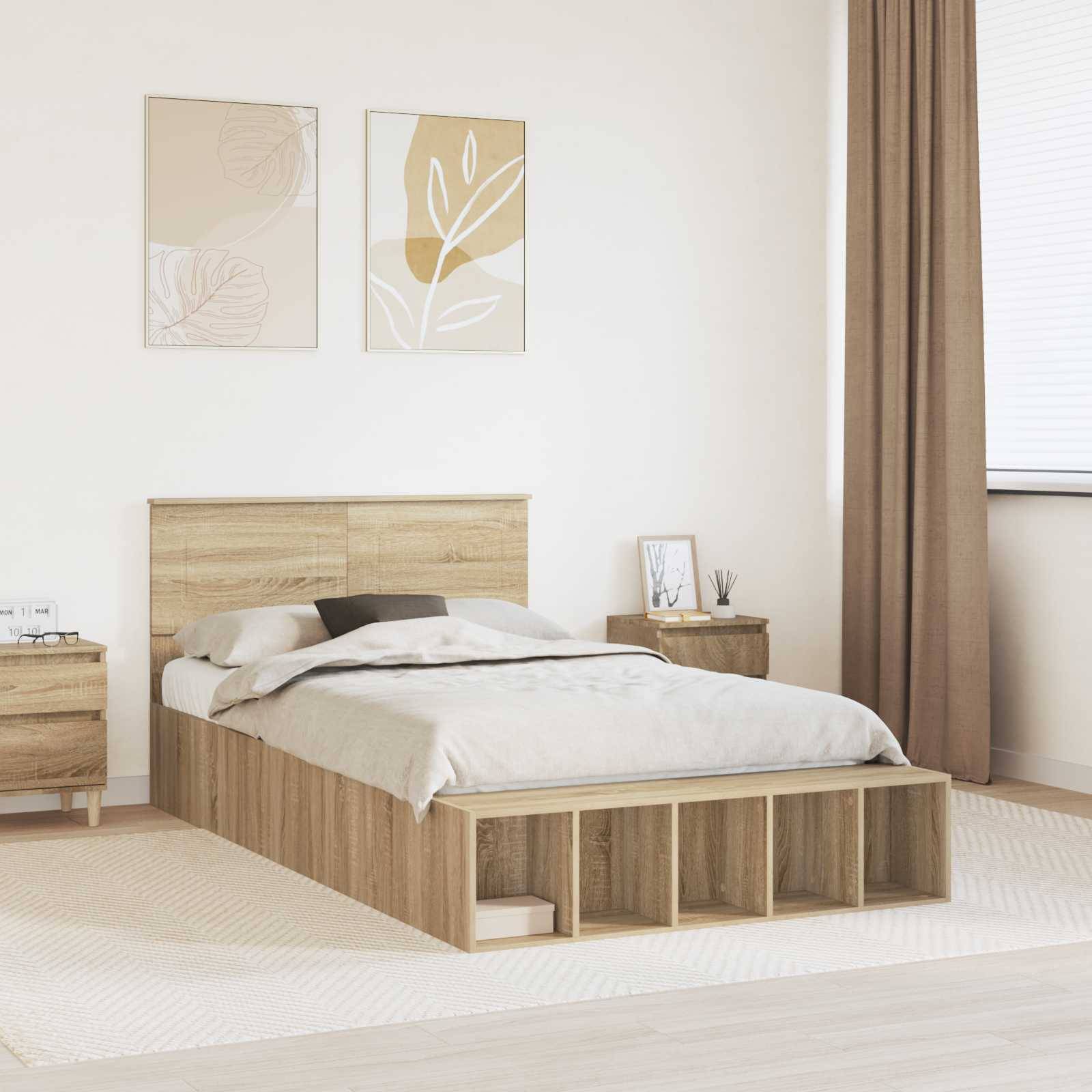 Ein modernes Schlafzimmer mit einem Holzbett, zwei Nachttischen und abstrakter Kunst an der Wand. Neutrale Töne schaffen eine ruhige Atmosphäre.