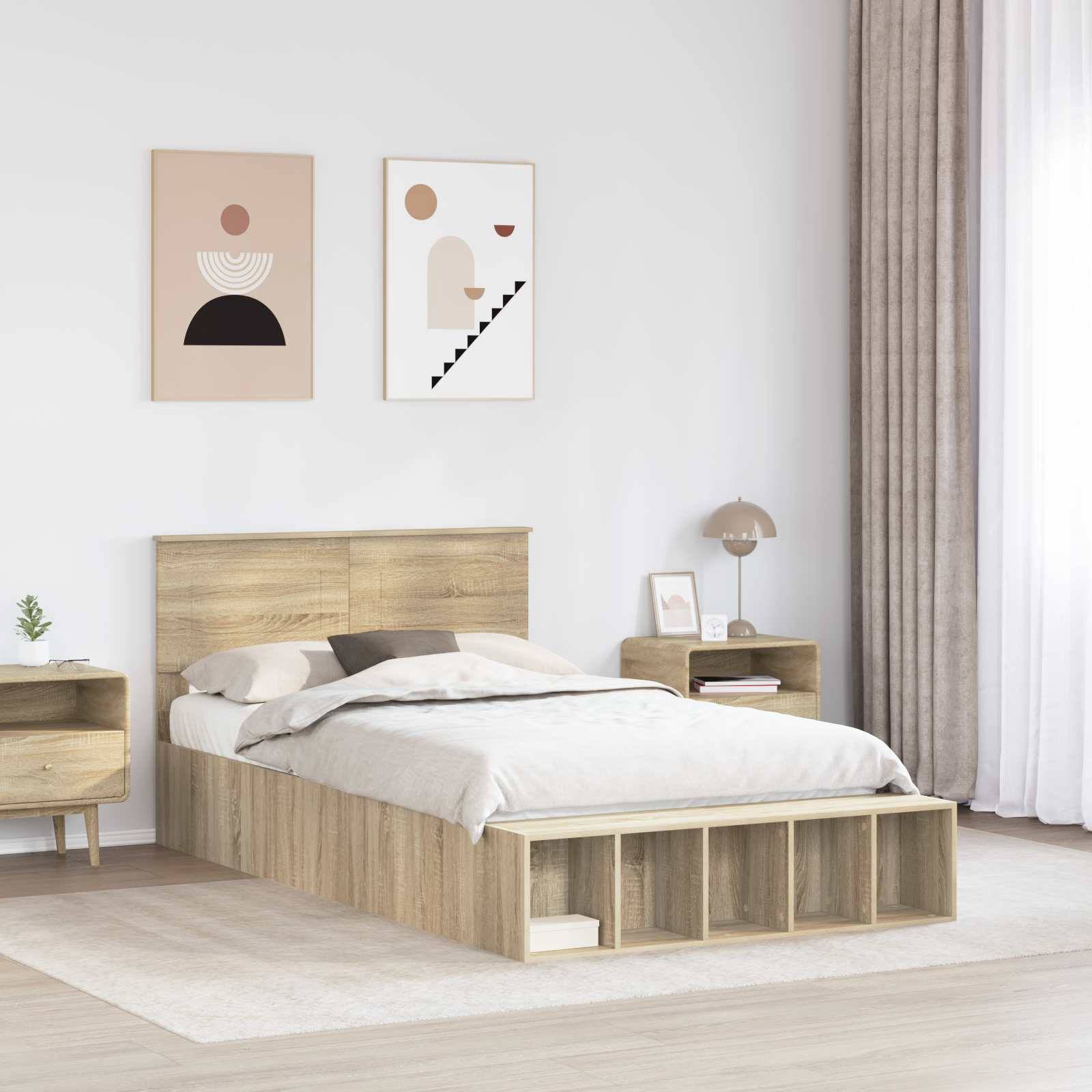 Ein minimalistisches Schlafzimmer mit einem Holzbett mit integrierten Stauraummöglichkeiten, Nachttischen, moderner Wandkunst und sanfter Beleuchtung. Neutrale Farbpalette.