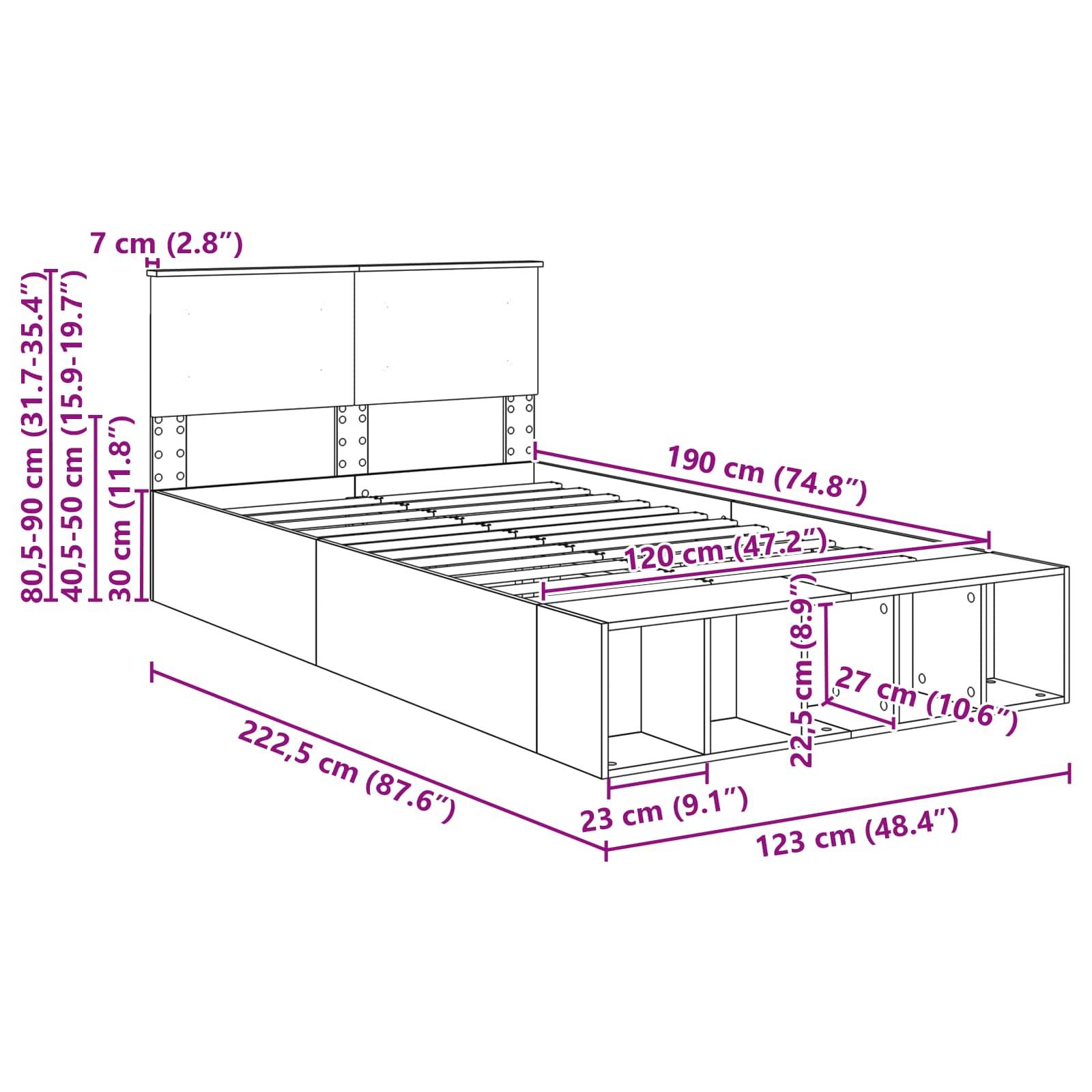 Bettrahmenabmessungen: 222,5 cm Länge, 190 cm Breite, 80,5-90 cm Kopfteilhöhe, 47 cm Fußteilhöhe. Stauraumfächer inklusive.