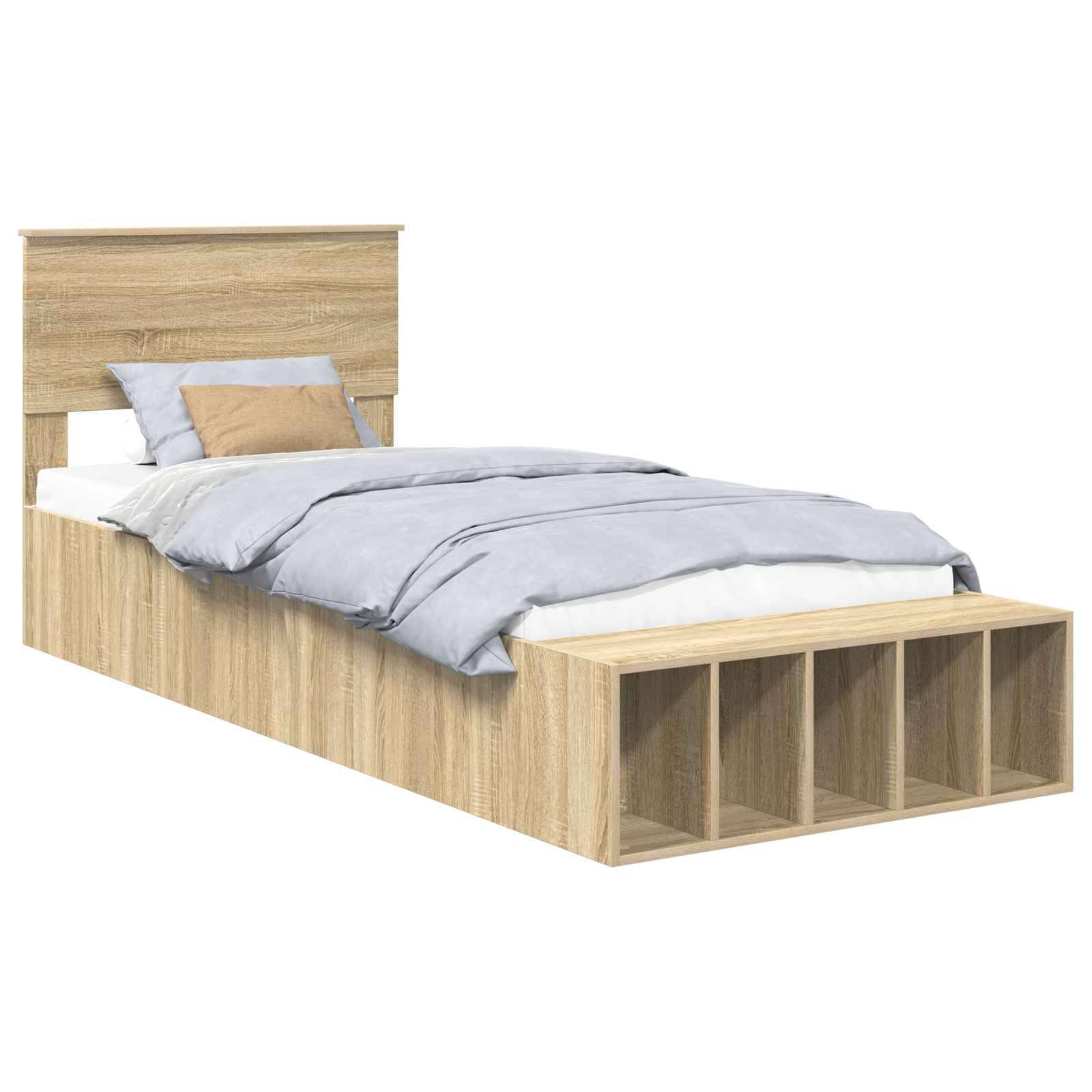 Ein Holz-Einzelbett mit Kopfteil, blau-brauner Bettwäsche und vier offenen Stauraumbereichen am Fußende.