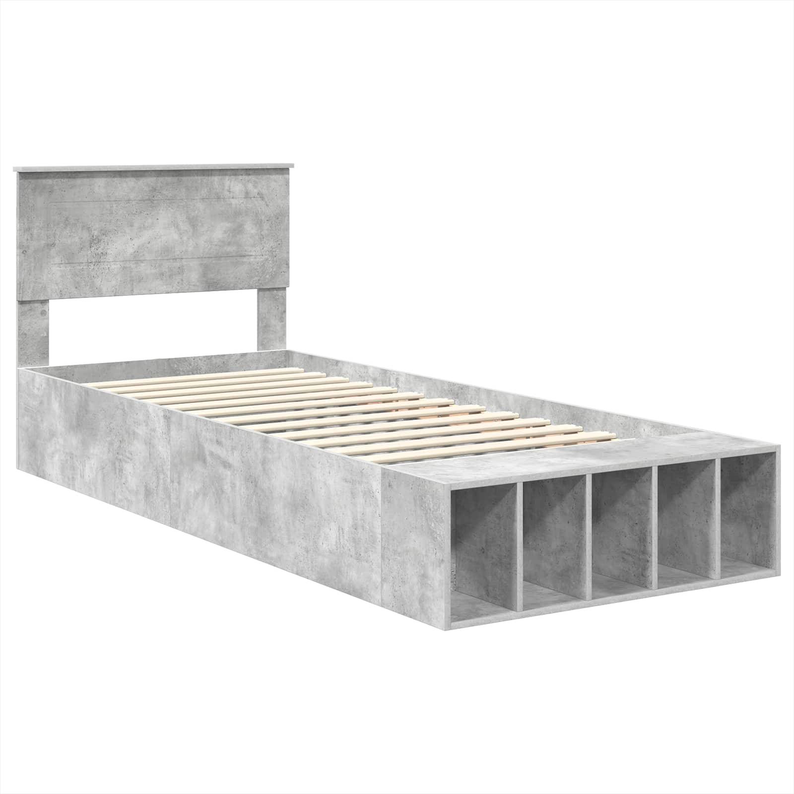 Ein moderner grauer Einzelbettrahmen mit Kopfteil und vier offenen Regalen am Fußende, der ein minimalistisches Design und reichlich Stauraum präsentiert.