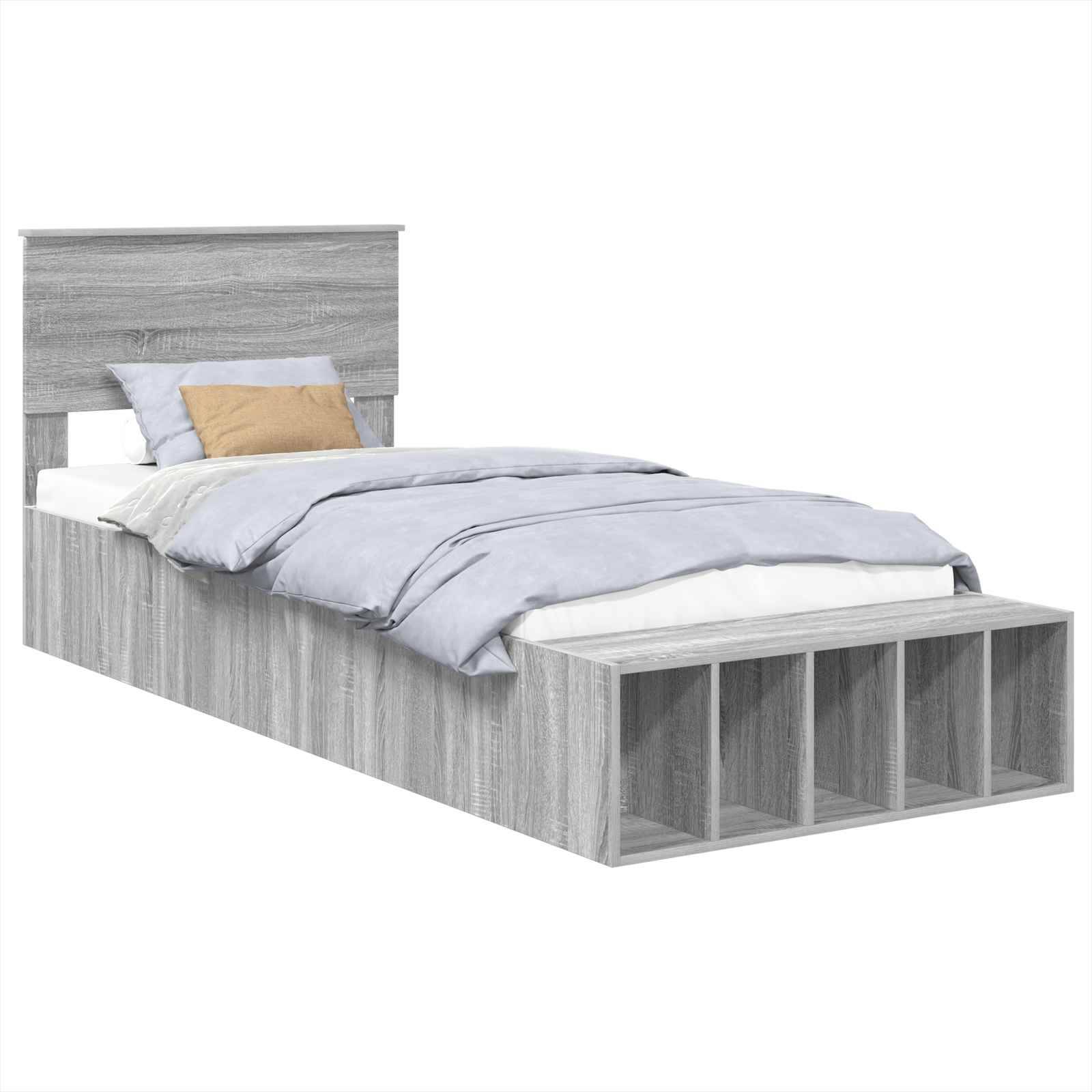 Ein einzelnes graues Holzbett mit Kopfteil, hellblauen Bettwäsche, einem beigen Kissen und offenen Fächerstauräumen entlang der Basis.