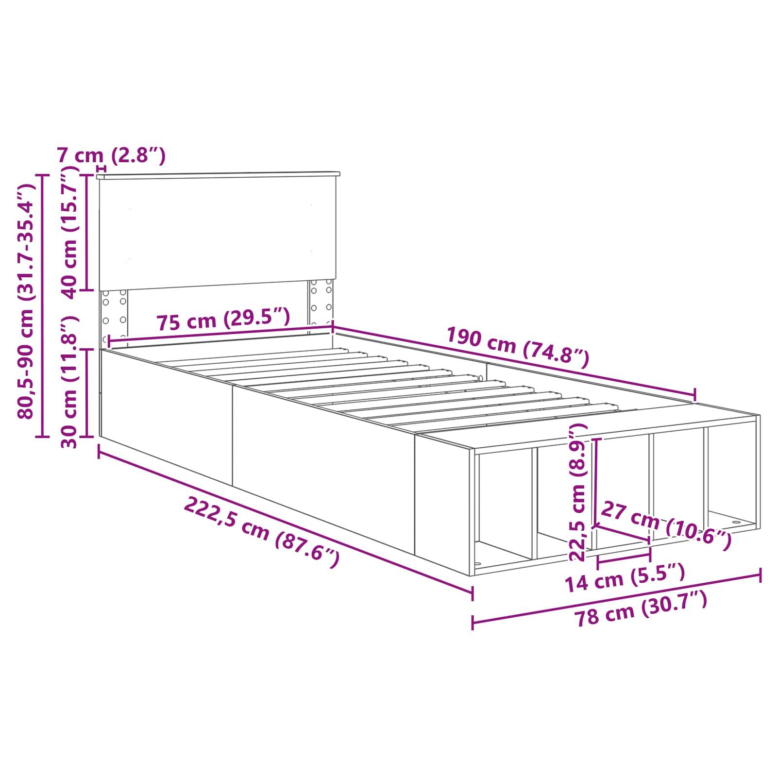 Rahmendiagramm eines Bettgestells mit Abmessungen: Höhe 80,5-90 cm, Breite 75 cm, Länge 190 cm. Enthält Fächer in unterschiedlichen Größen.