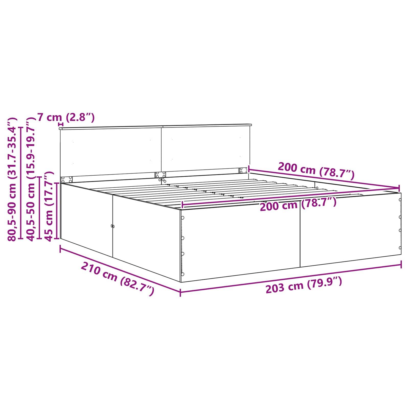 Darstellung eines Bettes mit Maßen: Breite 200 cm (78,7''), Länge 210 cm (82,7''), Höhe 80-90 cm (31,7-35,4''), und anderen wichtigen Abmessungen.