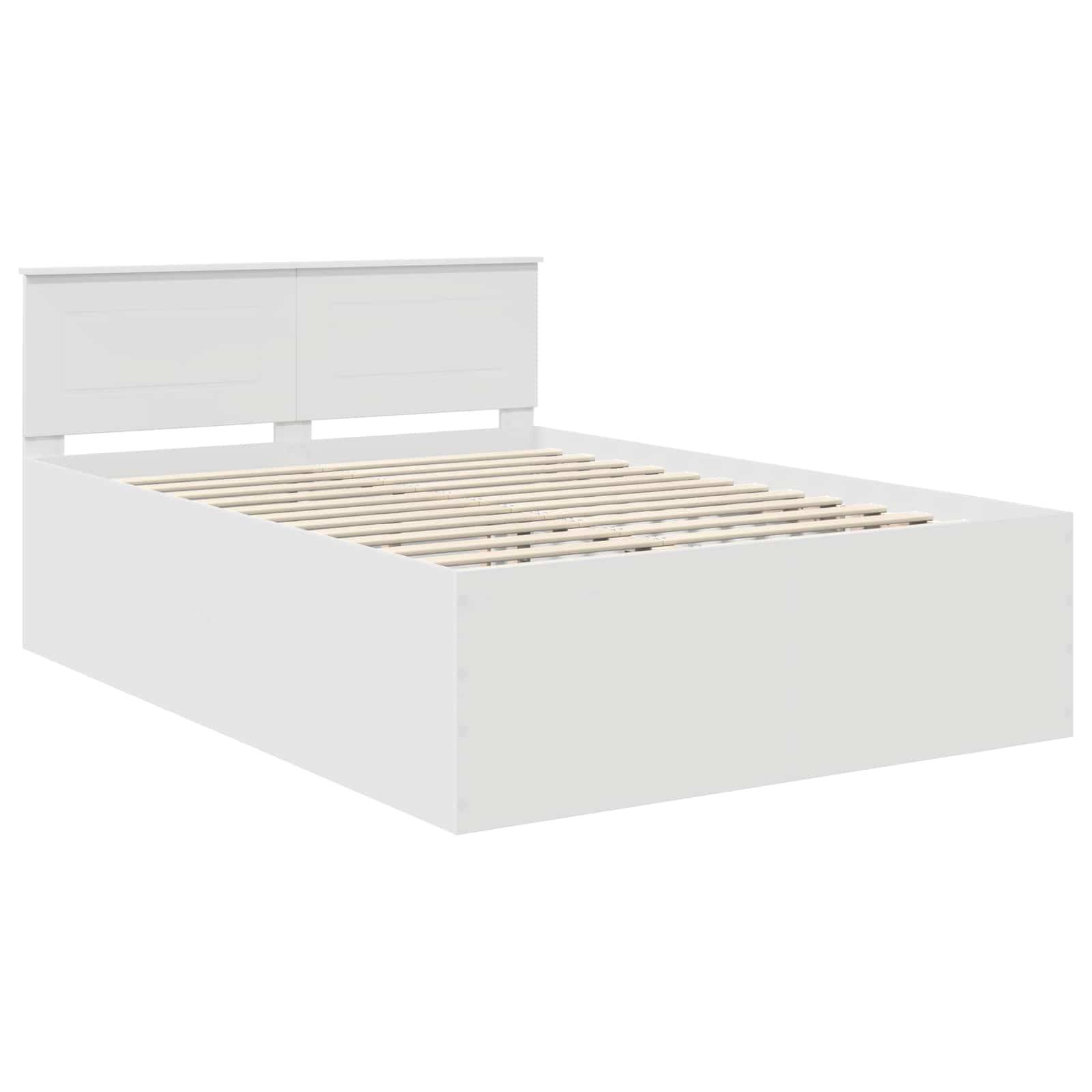 Ein weißer Holzbettrahmen mit Latten-Unterboden und hohem Kopfteil.