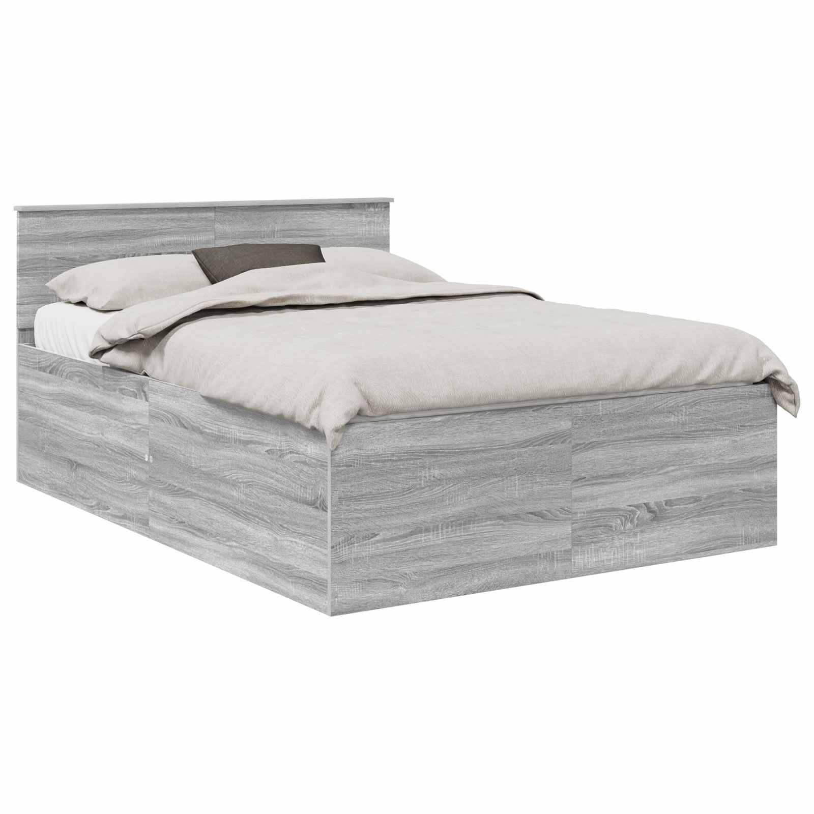 Ein Holzbett mit einer hellgrauen Beschichtung, versehen mit einem schlichten Kopfteil und einem ordentlich gemachten Bett mit einer beigen Bettdecke und Kissen.