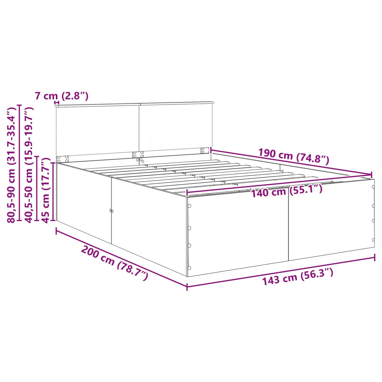 Ein Bettgestell mit Maßen: Höhe 80,5-90 cm, Länge 200 cm, Breite 143 cm; Kopfbretthöhe 40,5-50 cm, Bettlänge 190 cm, Breite 140 cm.