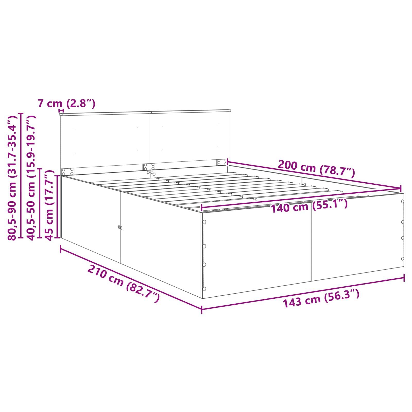 Eine Skizze, die die Abmessungen eines Bettgestells zeigt: Länge 210 cm, Breite 143 cm, Höhe 80-90 cm. Matratzenbereich: 200 cm x 140 cm.