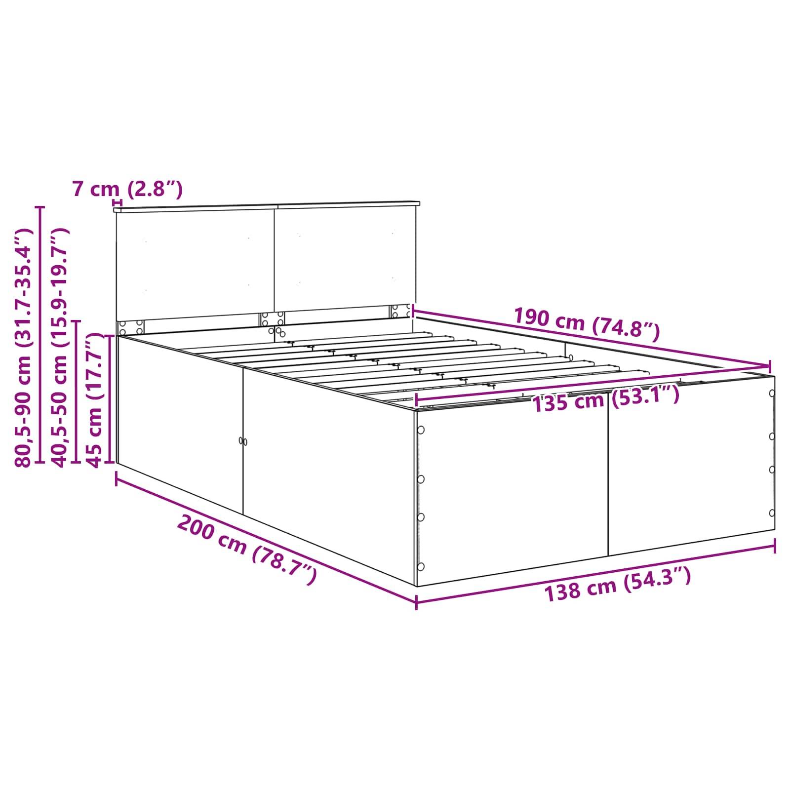 Darstellung der Bettrahmenabmessungen: Breite 138 cm (54,3
