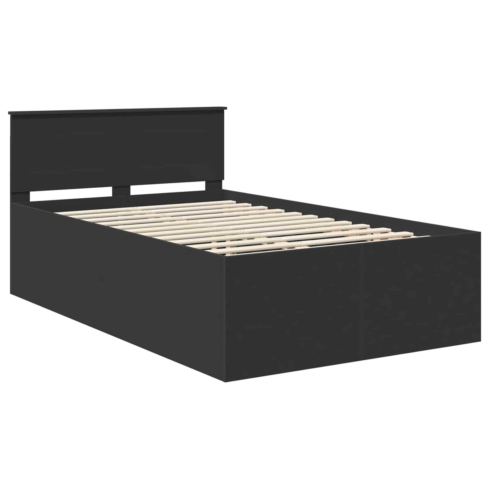 Schwarzer Holzbettrahmen mit Lattenrost und Kopfteil, aus einem Blickwinkel betrachtet, der modernes Design und robuste Konstruktion zur Geltung bringt.