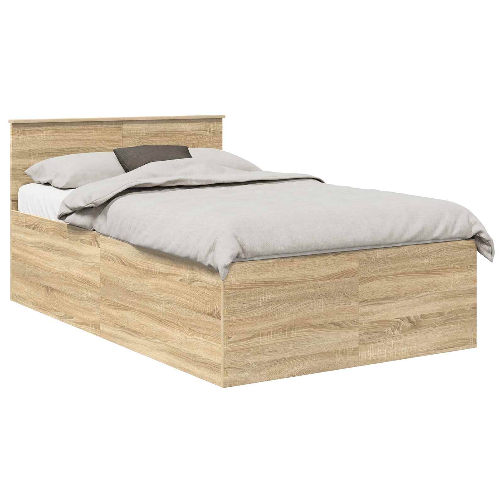 Ein Holzbettgestell mit Kopfteil zeigt ein ordentlich bezogenes Bett mit einer grauen Bettdecke und weißem Kopfkissen und präsentiert moderne Schlafzimmermöbel.