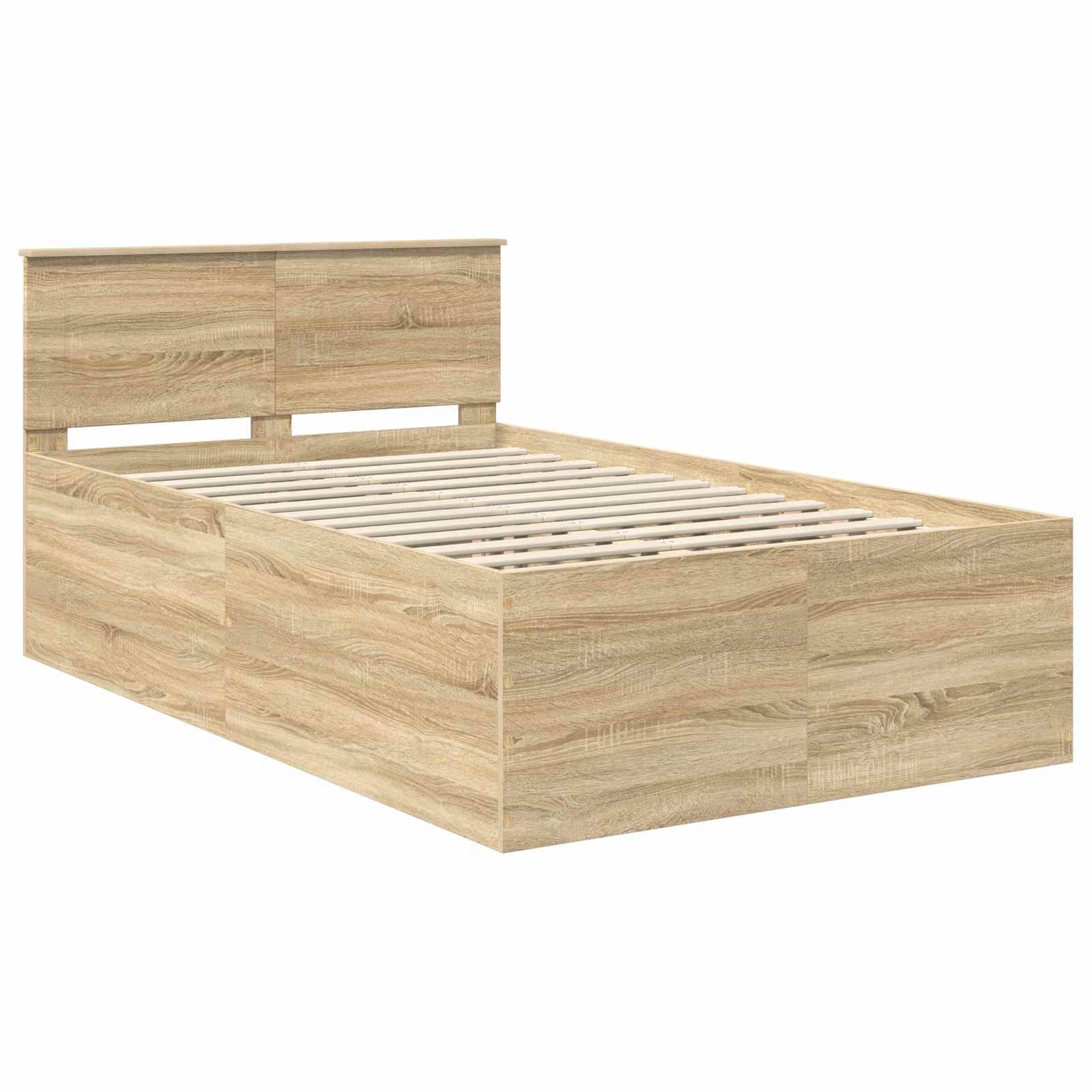 Ein Holzbettgestell mit Kopfteil, versehen mit einer natürlichen Holzmaserung. Es verfügt über Latten zur Unterstützung einer Matratze, ohne Bettwäsche.