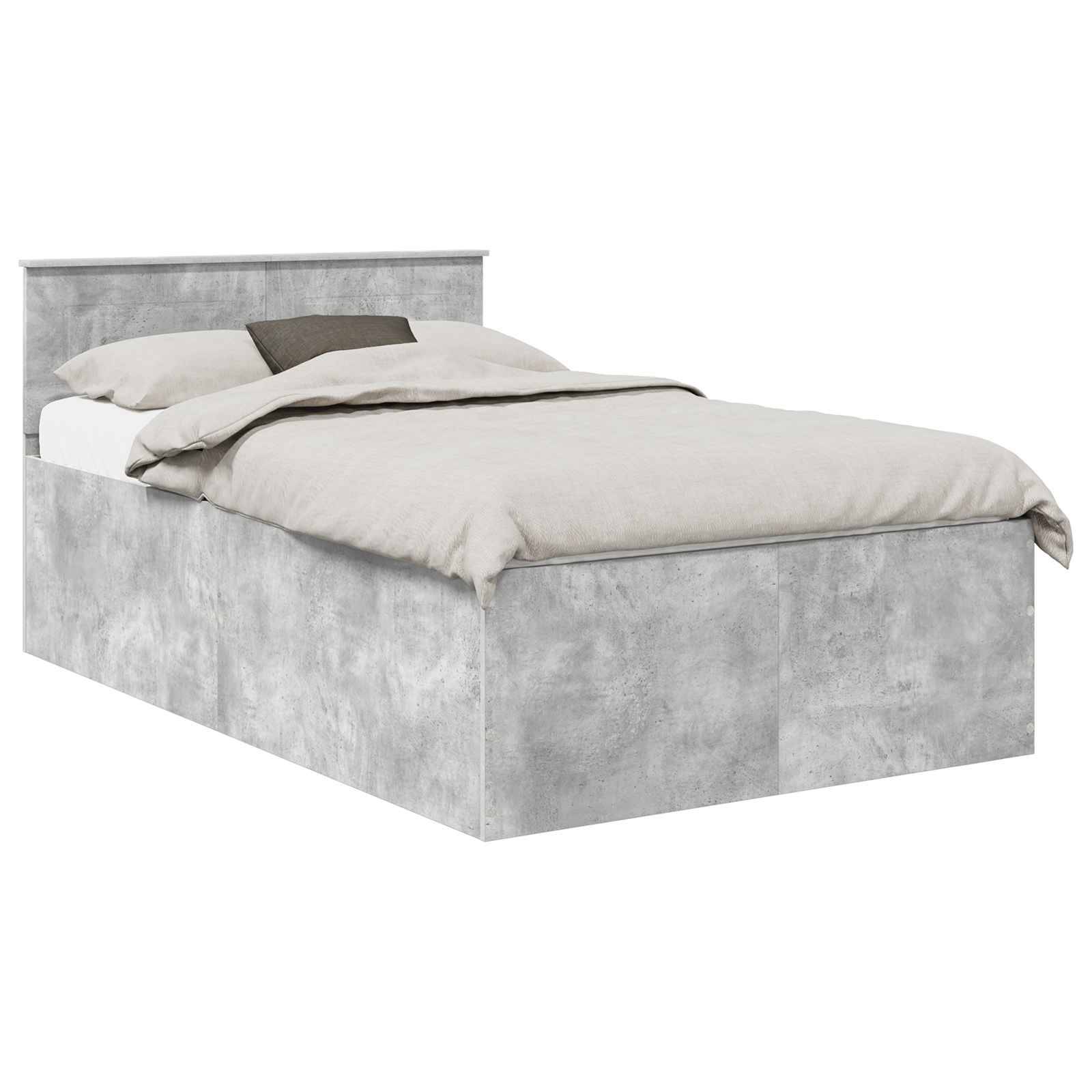 Modernes graues Bett mit hohem Kopfteil und neutraler Bettwäsche, das ein schlankes, minimalistisches Design aufweist.