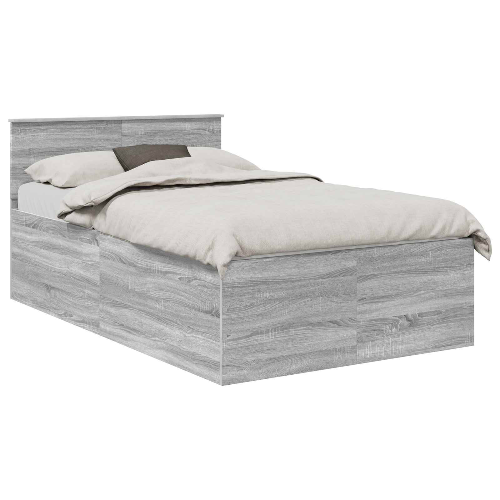 Ein grauer Holzbett mit Kopfteil und Stauraum darunter, bedeckt mit einer ordentlich aufgemachten beigen Bettdecke und Kissen.