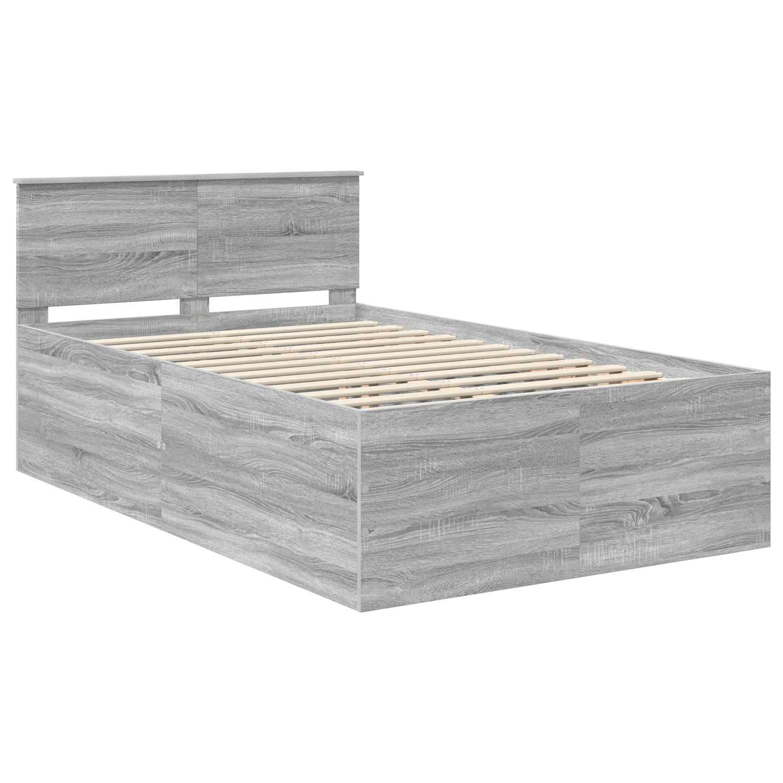 Ein grauer Holzbettrahmen mit hohem Kopfteil, der ein modernes, minimalistisches Design aufweist. Lattenrost sichtbar, keine Matratze enthalten.