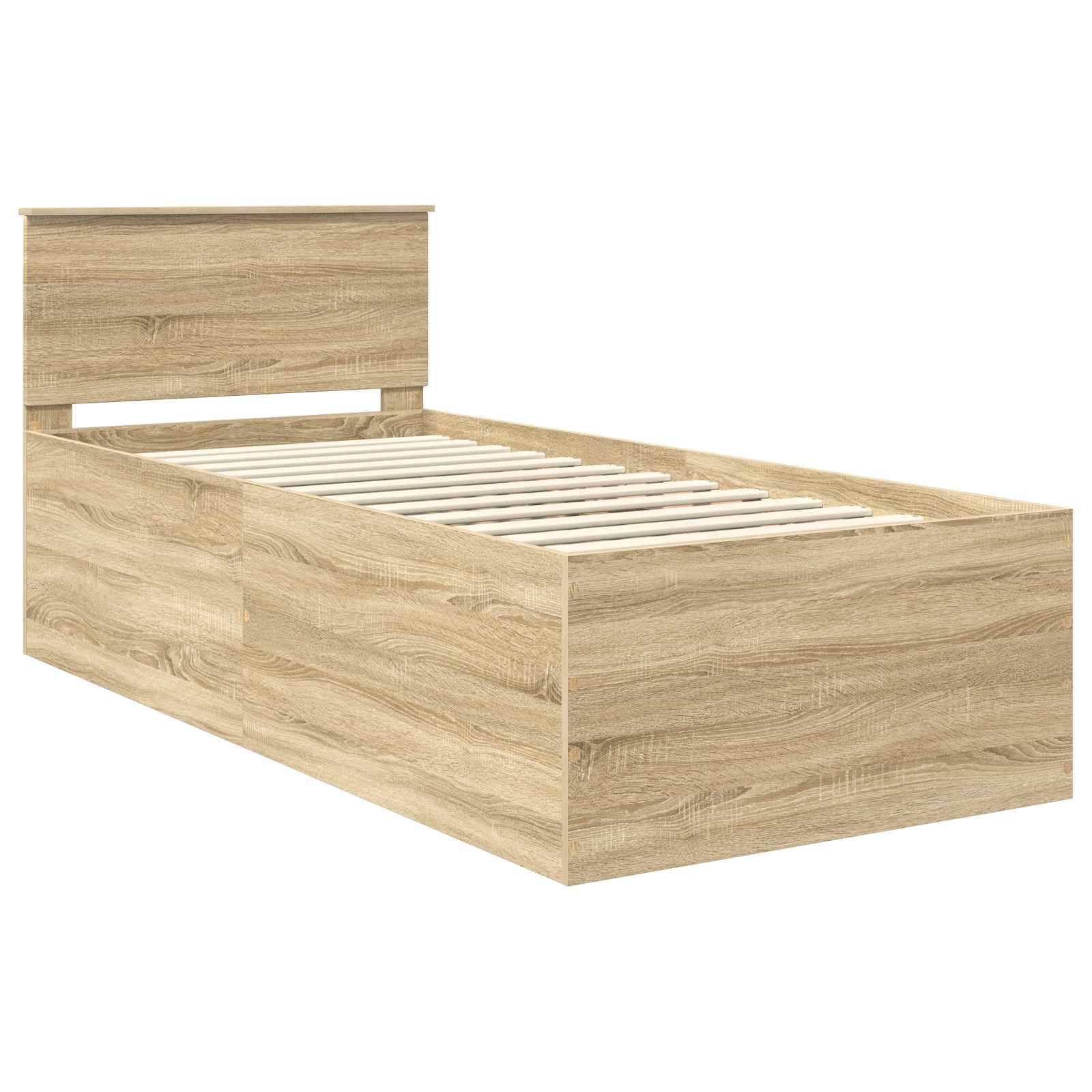 Ein Holz-Einzelbettgestell mit natürlicher Holzoberfläche, ausgestattet mit einem rechteckigen Kopfteil und einer Lattenrost-Basis zur Matratzenunterstützung.