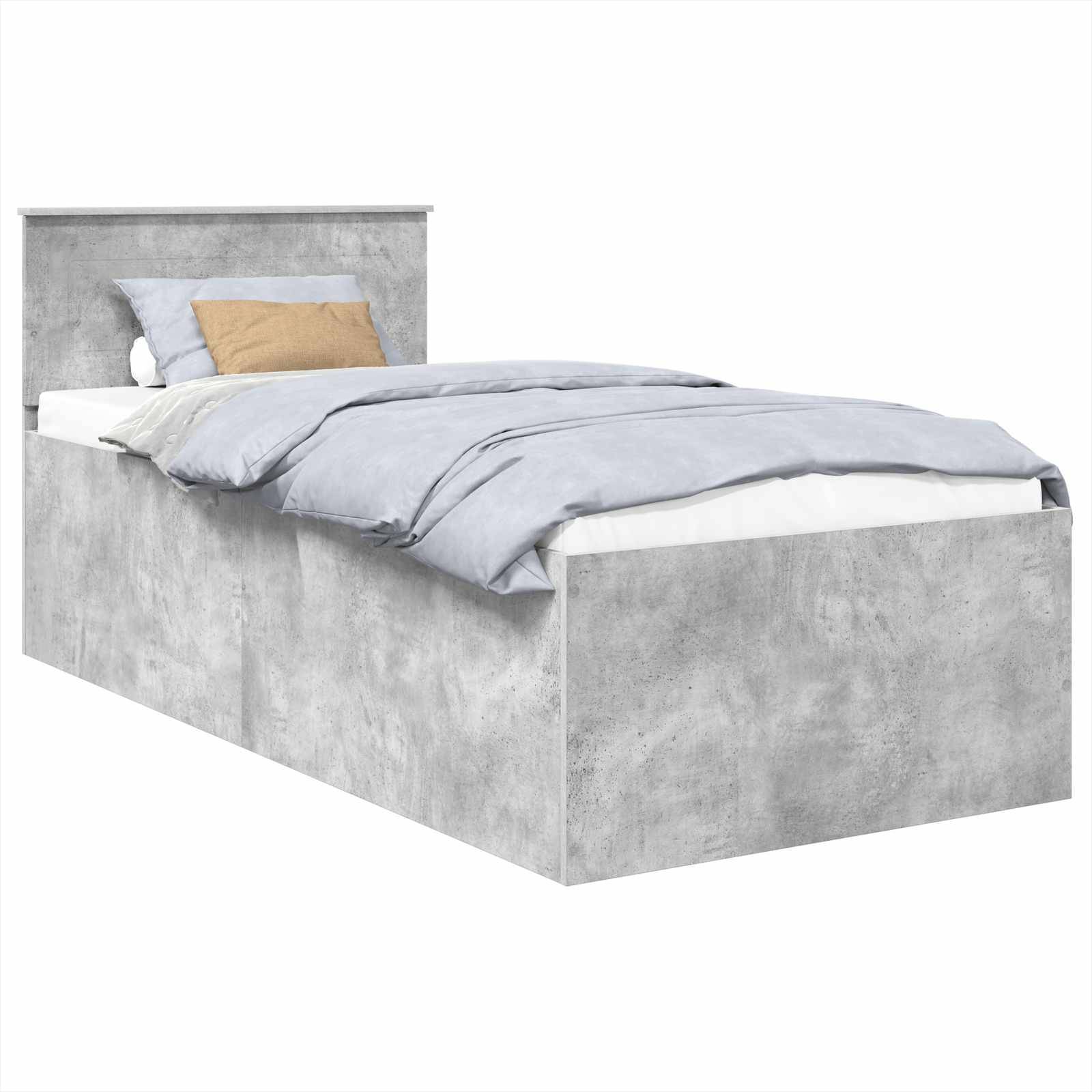 Ein minimalistisches graues Bett mit Betonstruktur, einem Holzkopfteil, weißer Matratze, hellgrauer Bettwäsche und einem einzelnen beigen Kissen.