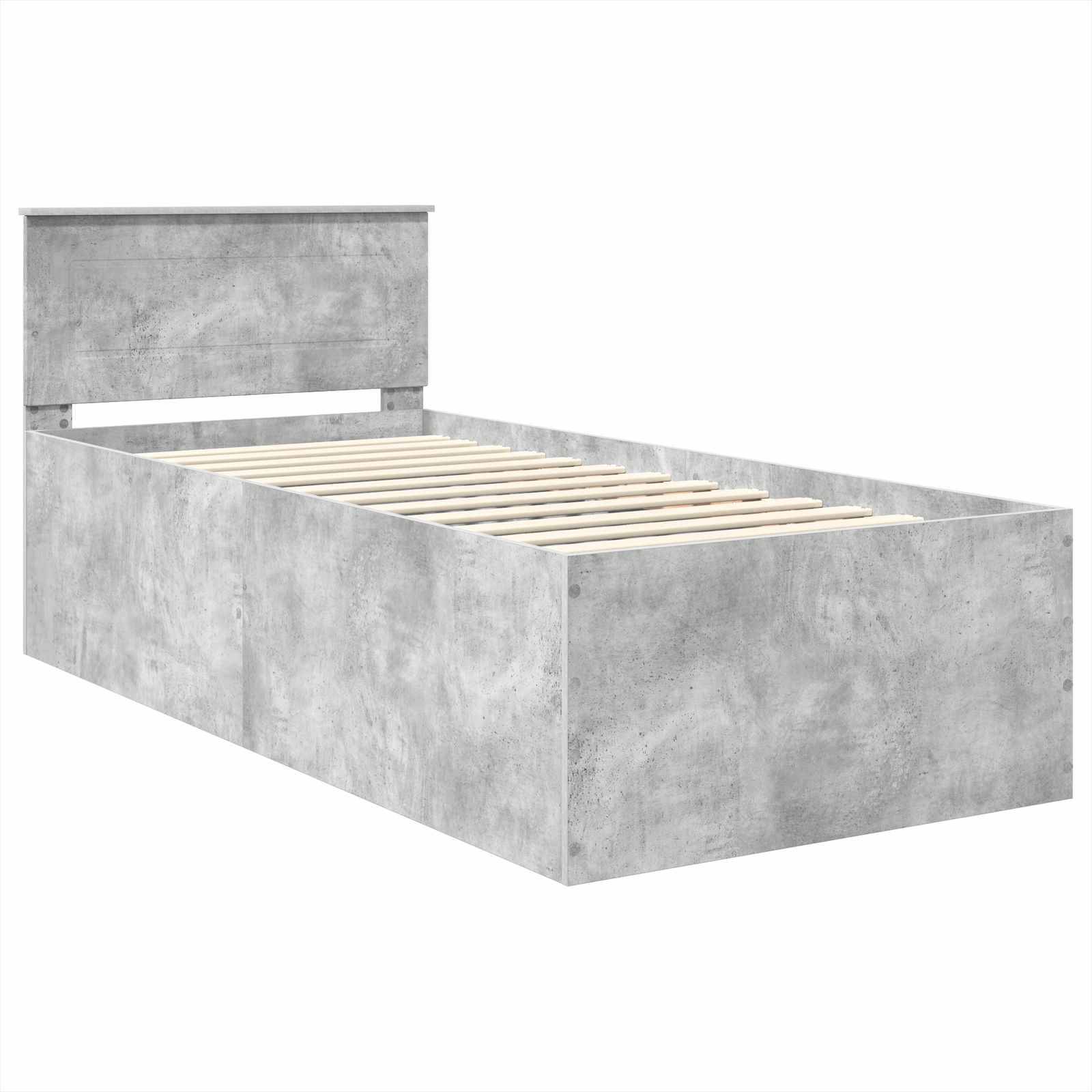 Ein modernes Einzelbett mit einem grauen Betonfinish, ausgestattet mit einer Holzlattenunterlage und einem integrierten Kopfteil.