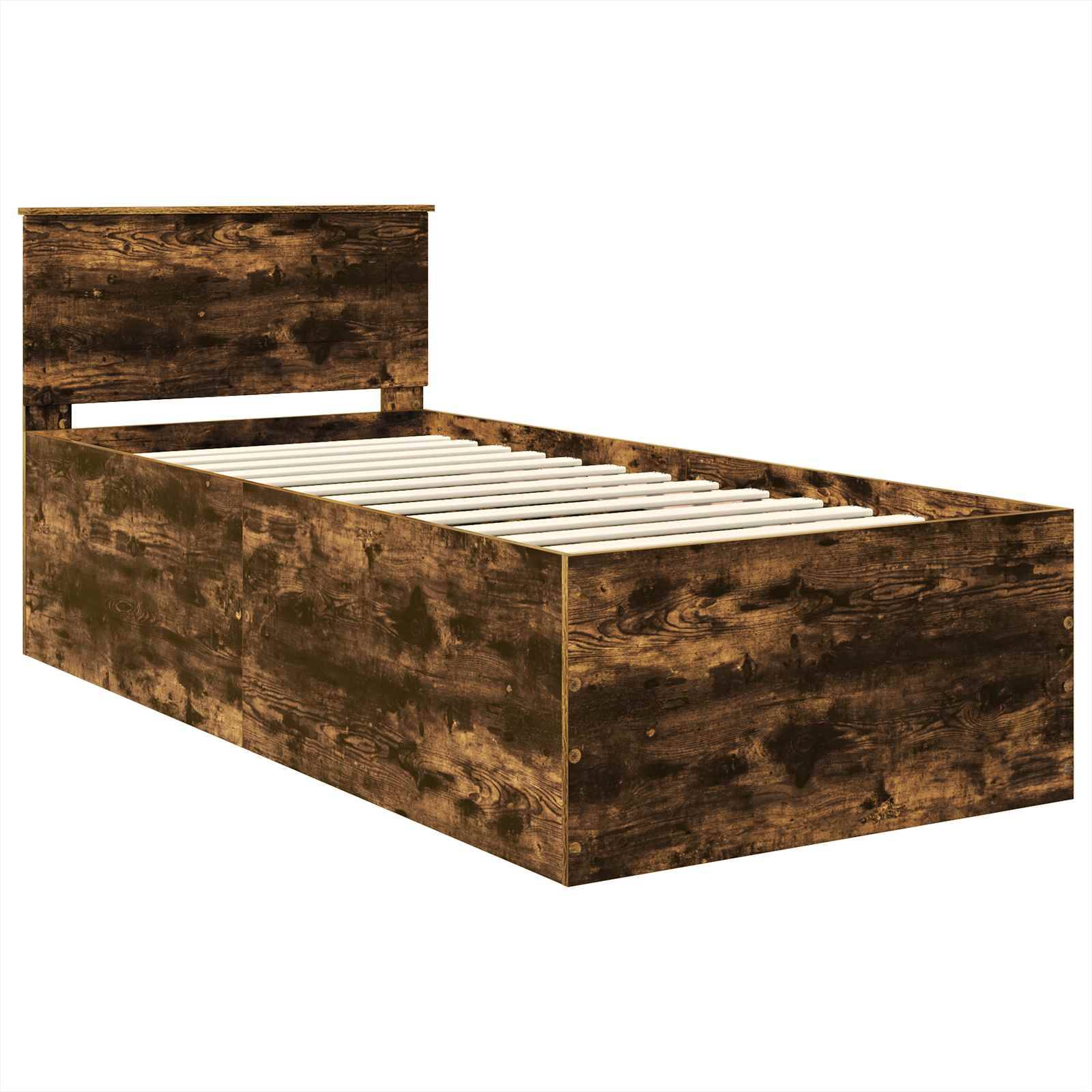 Ein Holz-Einzelbettgestell mit hohem Kopfteil, versehen mit einer rustikalen, abgenutzten Oberfläche. Das Gestell trägt Bettlatten.