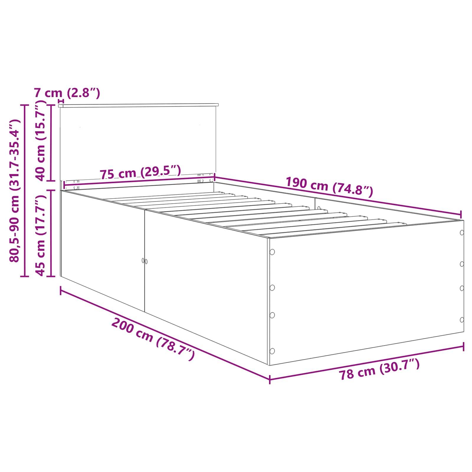Bettrahmen-Diagramm mit Abmessungen: 200 cm Länge, 78 cm Breite, 80,5-90 cm Höhe. Maßangaben für einzelne Abschnitte enthalten.