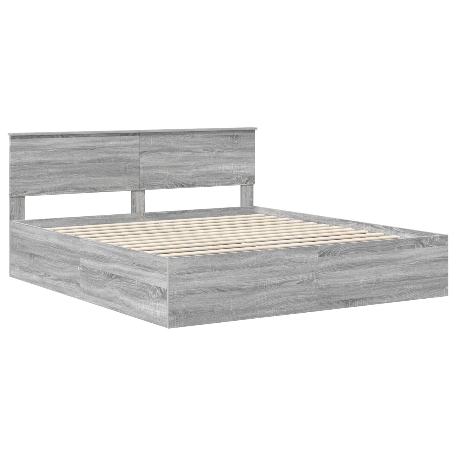 Ein hellgrauer Holz-Plattformbettrahmen mit Lamellenrost, ausgestattet mit einem Kopfteil in schlichtem, modernem Design.
