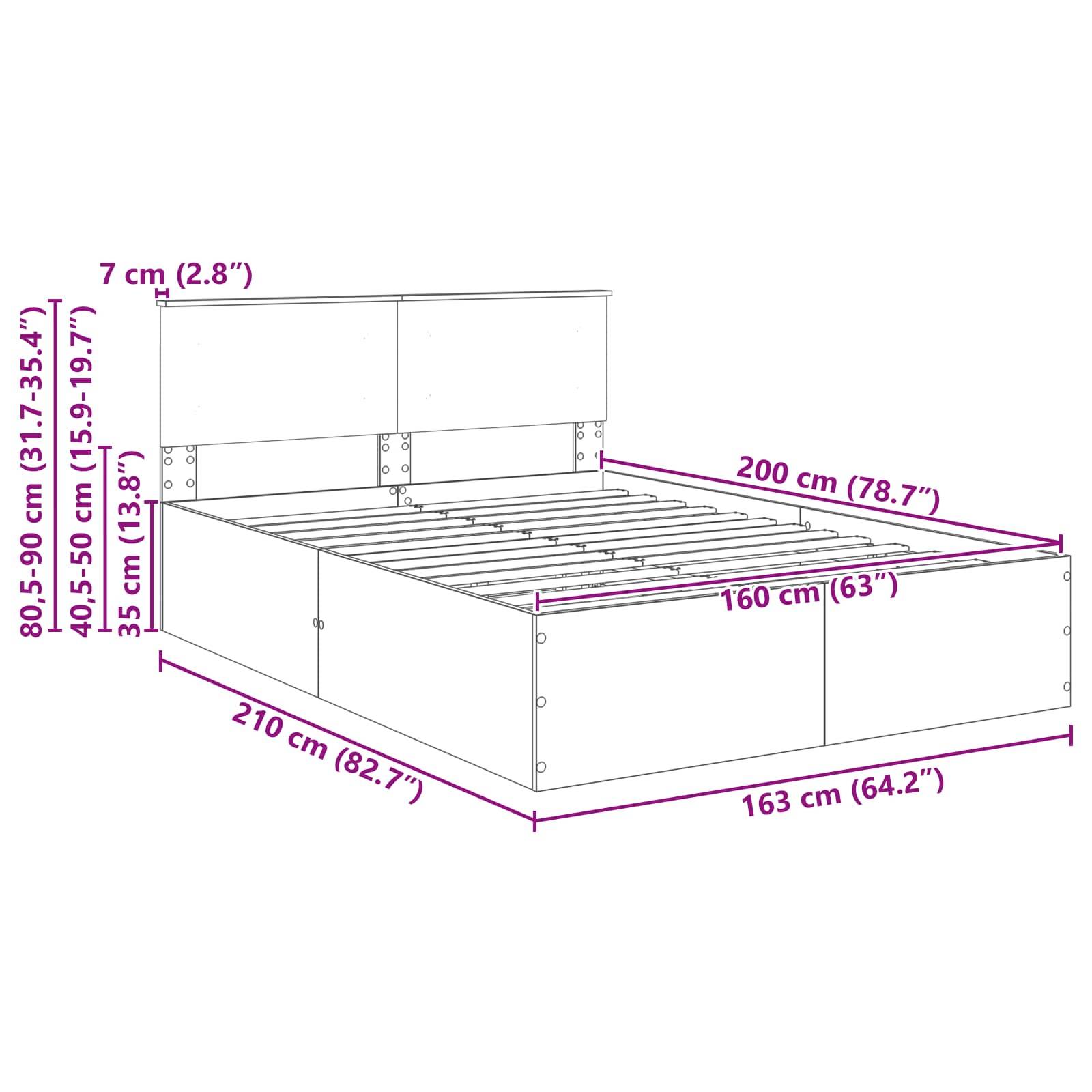 Bettmontage-Diagramm mit Maßangaben: Höhe 80,5-90 cm, Länge 210 cm, Breite 160 cm. Matratzenabmessungen 200 cm x 160 cm.
