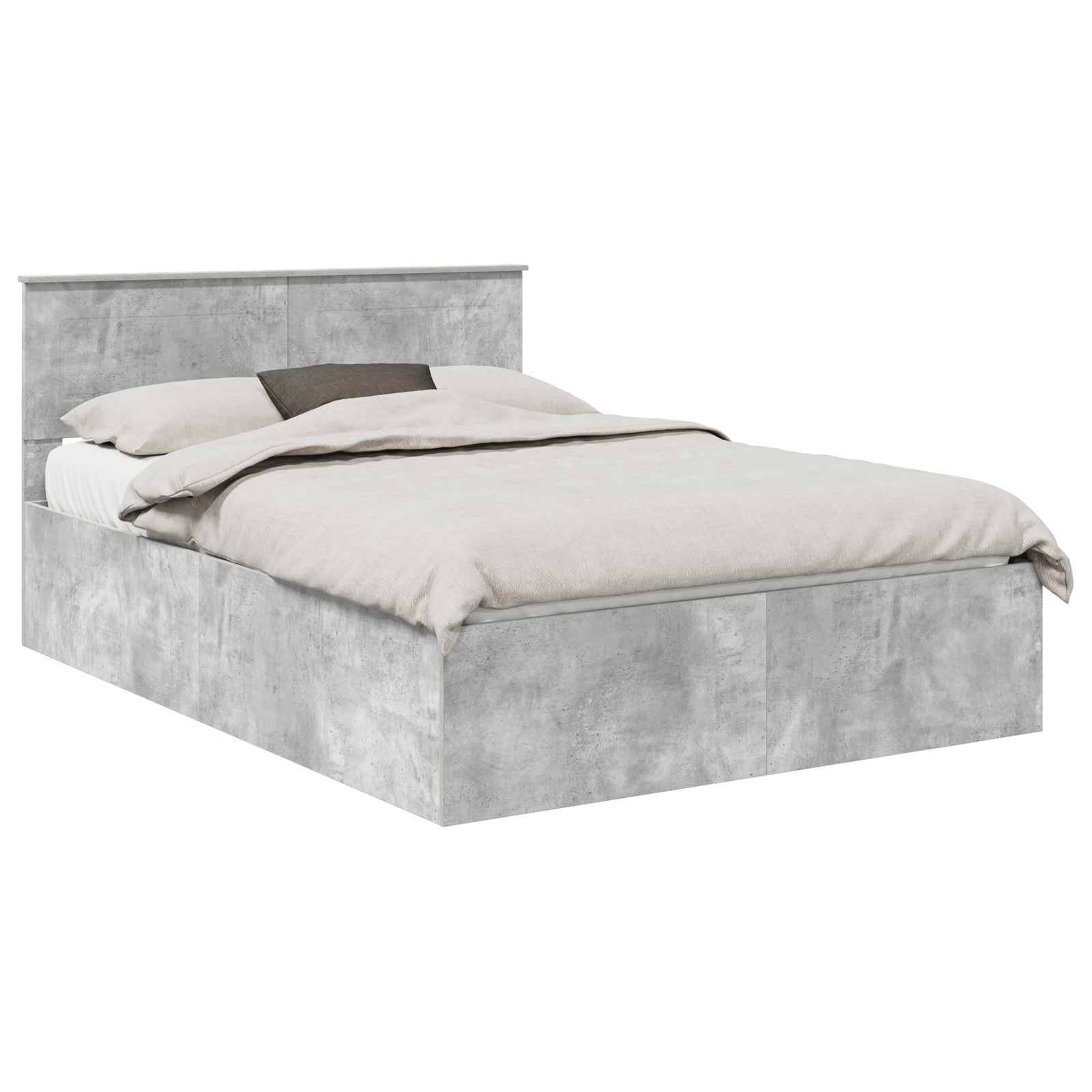 Ein modernes graues Plattformbett mit minimalistischem Design, ausgestattet mit einem Kopfteil und einem ordentlich bezogenen Bett mit beigefarbener Bettwäsche und Kissen.