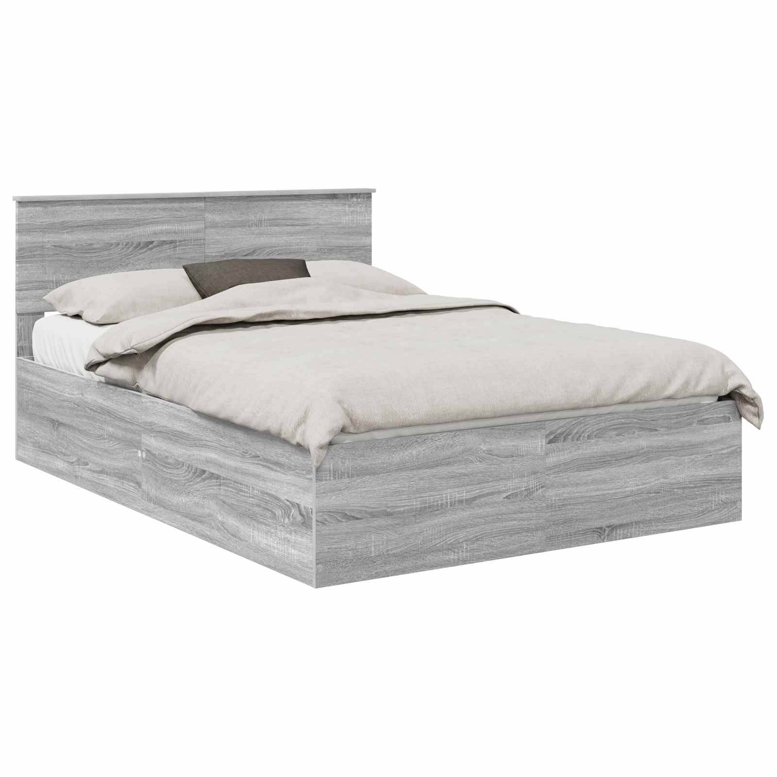 Ein grauer Holzplattformbett mit Kopfteil, gezeigt mit einer weißen Matratze und beiger Bettwäsche darauf, vor einem schlichten weißen Hintergrund.