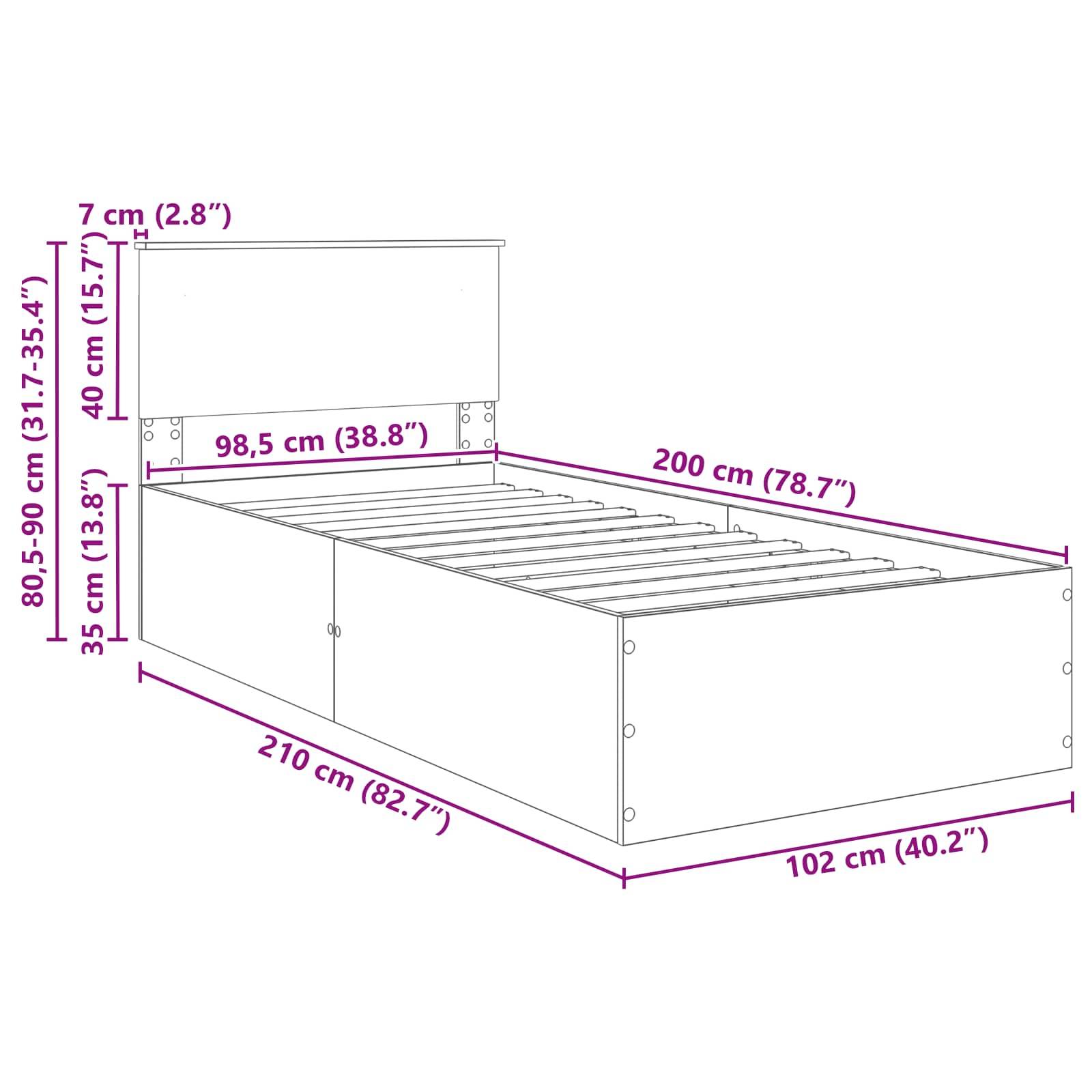 Ein weißes Plattformbett mit Kopfteil, Maße in Zentimetern und Zoll gekennzeichnet: Länge 200 cm (78,7"), Breite 98,5 cm (38,8"").