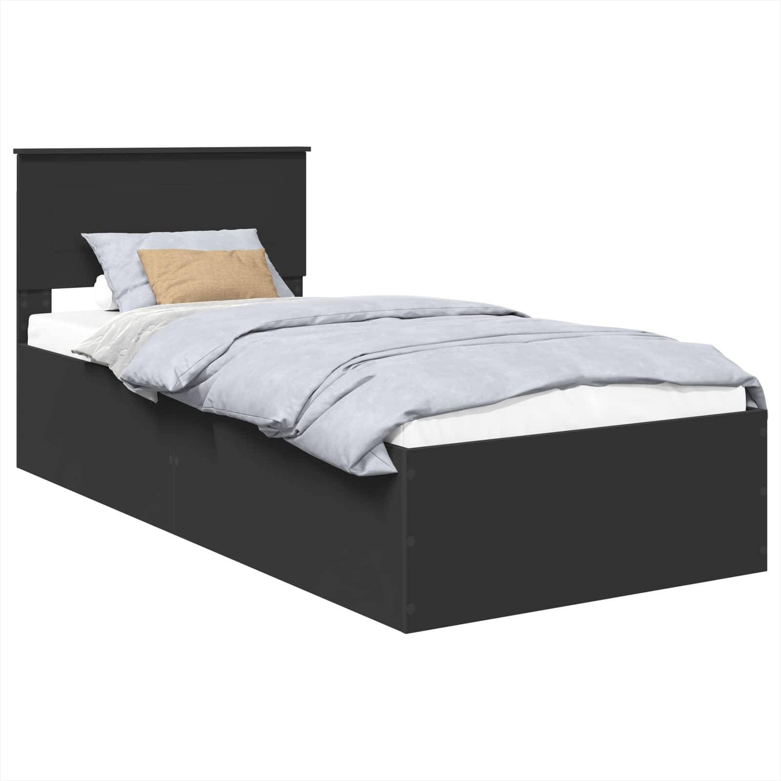 Ein schwarzes Einzelbett mit Kopfteil, hellgrauer Bettwäsche und zwei Kissen, eins grau und eins beige, sorgfältig angeordnet.