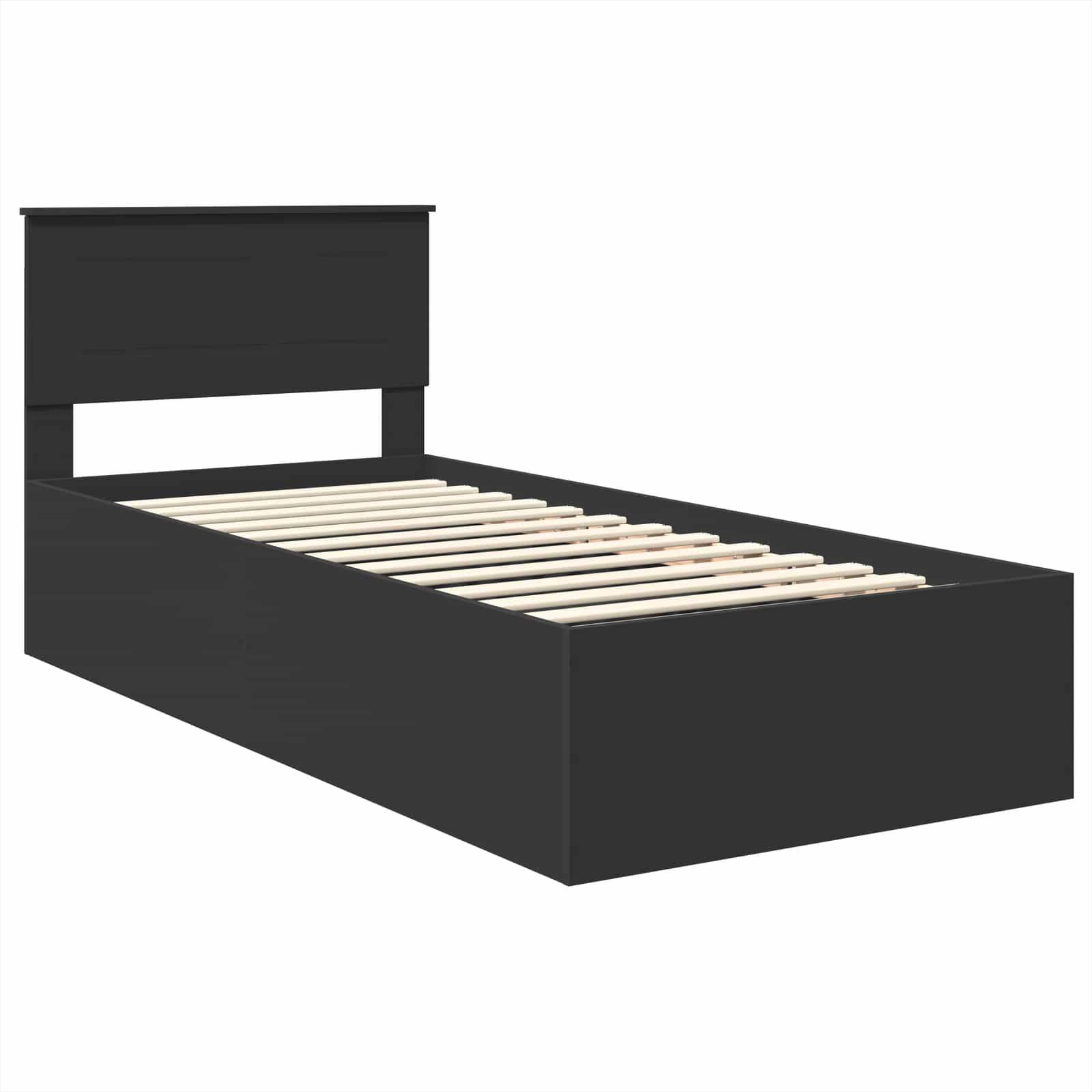 Ein schwarzer Einzelbettrahmen mit einem schlichten Kopfteil und Bodenlattung, von einem niedrigen Winkel aus aufgenommen und sein minimalistisches Design betonend.