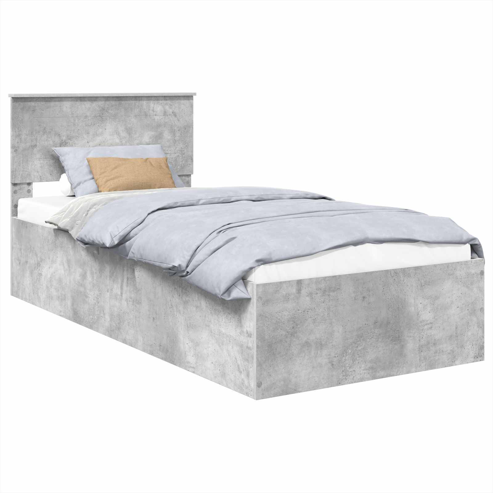 Ein modernes Einzelbett mit einem Rahmen in Betonoptik, weißer Matratze, hellblauer Bettdecke und Kissen vor einem weißen Hintergrund.