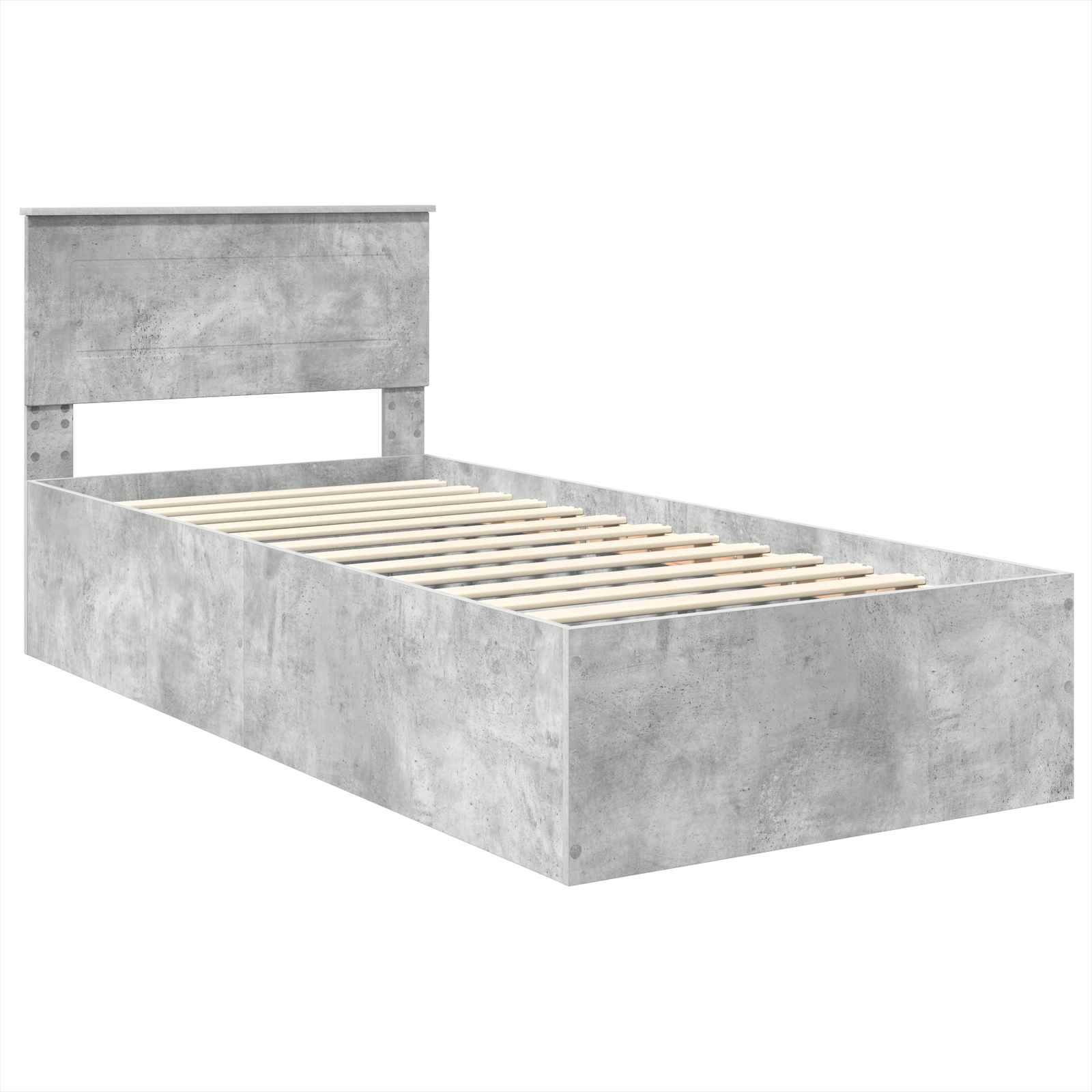 Ein modernes Einzelbettgestell mit Betonoptik und Holzlatten, ausgestattet mit einem schlichten Kopfteil und minimalistischem Design.