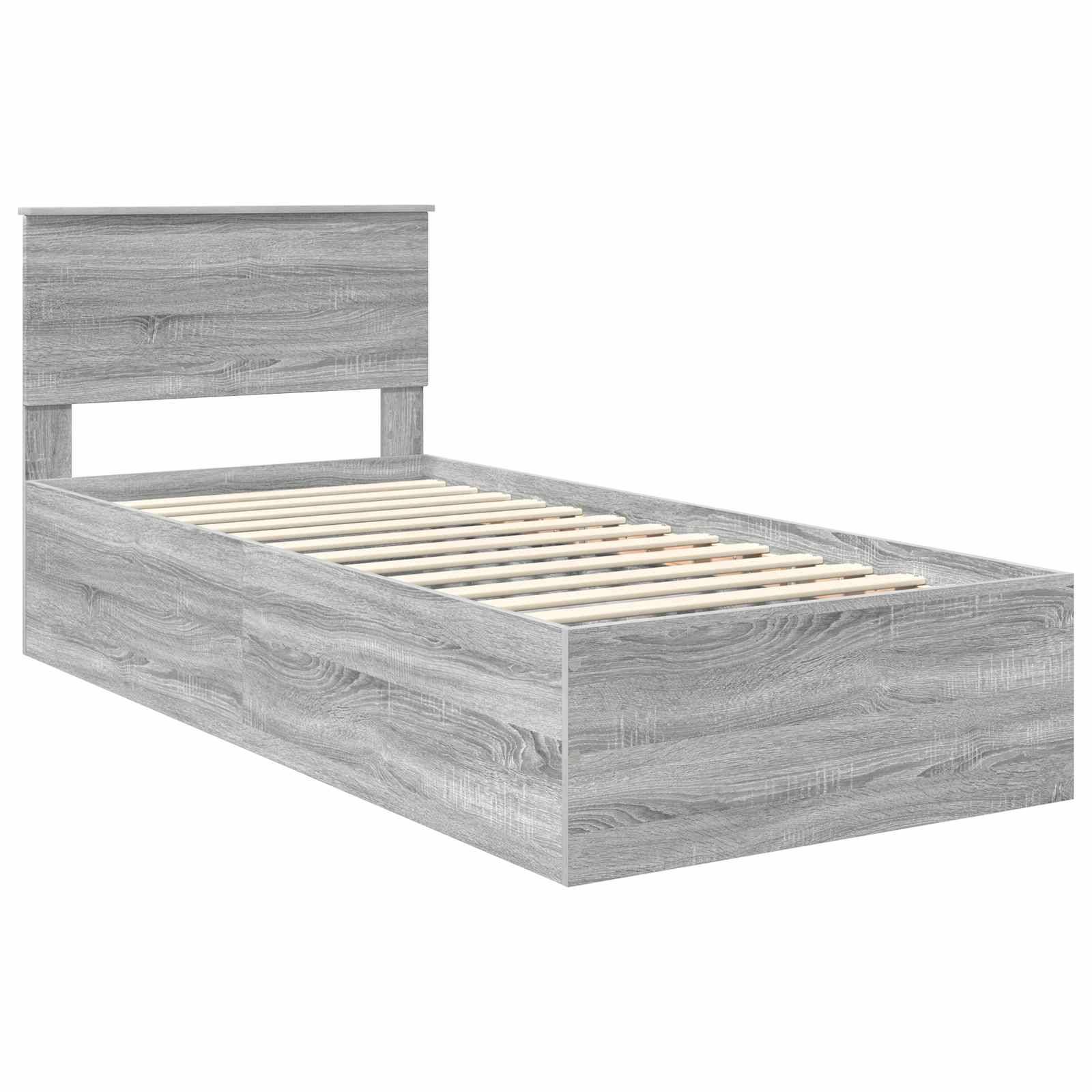 Einzelnes graues Holzbettgestell mit Lattenrost und hohem Kopfteil, das ein schlichtes und modernes Design präsentiert.
