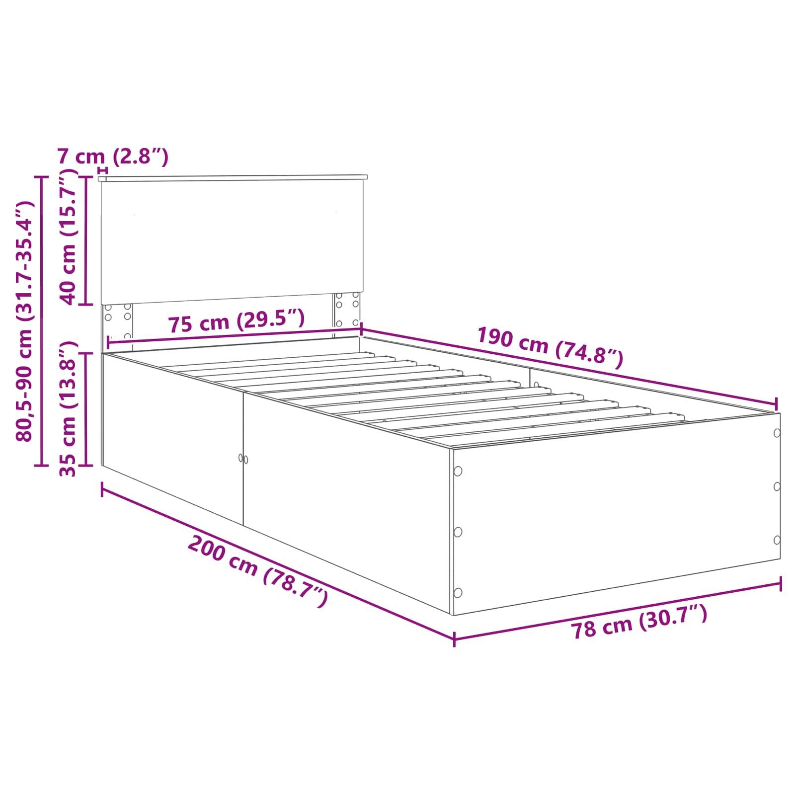Darstellung eines Bettgestells mit Oberkantenhöhe von 35 cm, Kopfbretthöhe 80,5-90 cm, Breite 78 cm, Länge 200 cm, Matratzenbereich 190x75 cm.