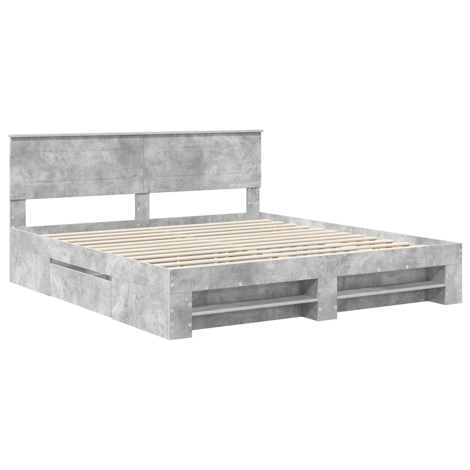 Ein modernes graues Plattformbett mit festem Kopfteil, Lattenrost und Staurageschubladen darunter. Geeignet für ein zeitgemäßes Schlafzimmer.