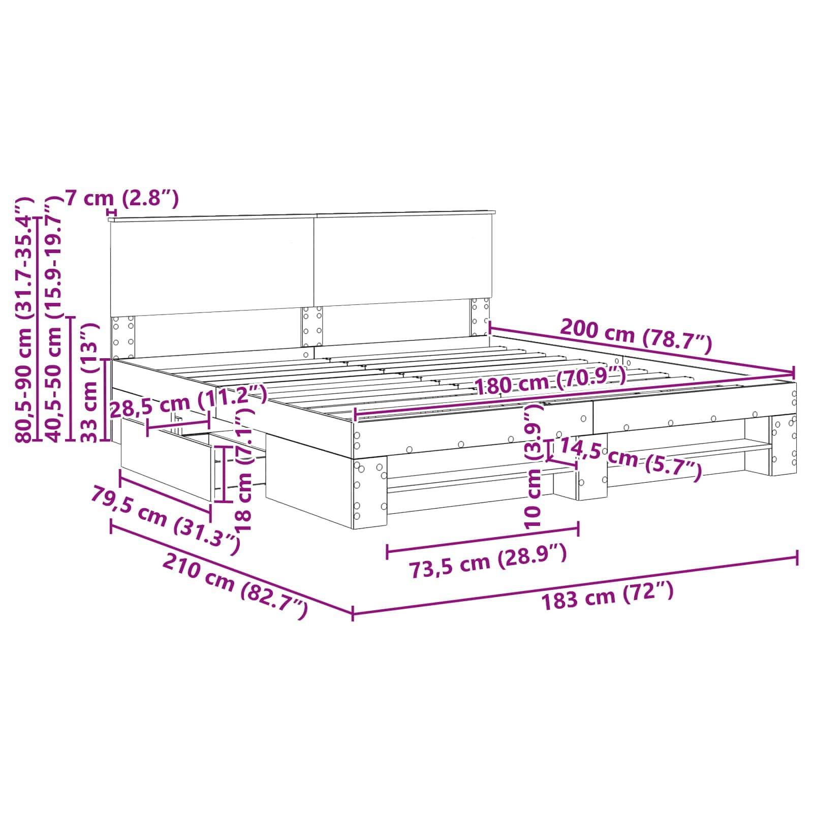 Bettrahmen-Diagramm mit Abmessungen in cm und Zoll. Breite: 200 cm (78,7"), Länge: 210 cm (82,7""), Höhe: 80,5-90 cm (31,7-35,4"").