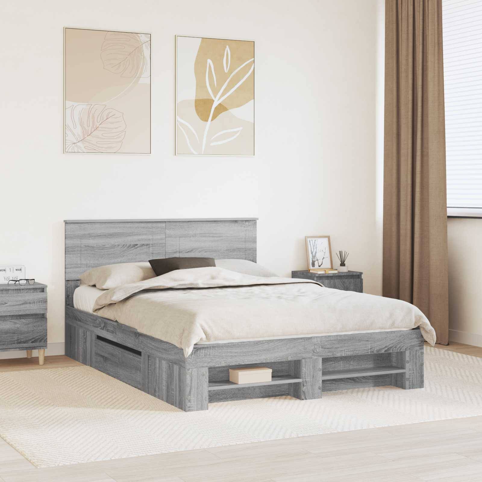 Ein minimalistisches Schlafzimmer präsentiert ein modernes graues Holzbett mit beigefarbener Bettwäsche, flankiert von passenden Nachttischen und schlichter abstrakter Kunst darüber.